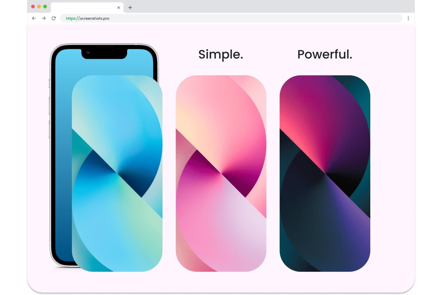 iPhone-mockup og to tapetfarvevarianter med mærkaterne Enkel og Kraftfuld.