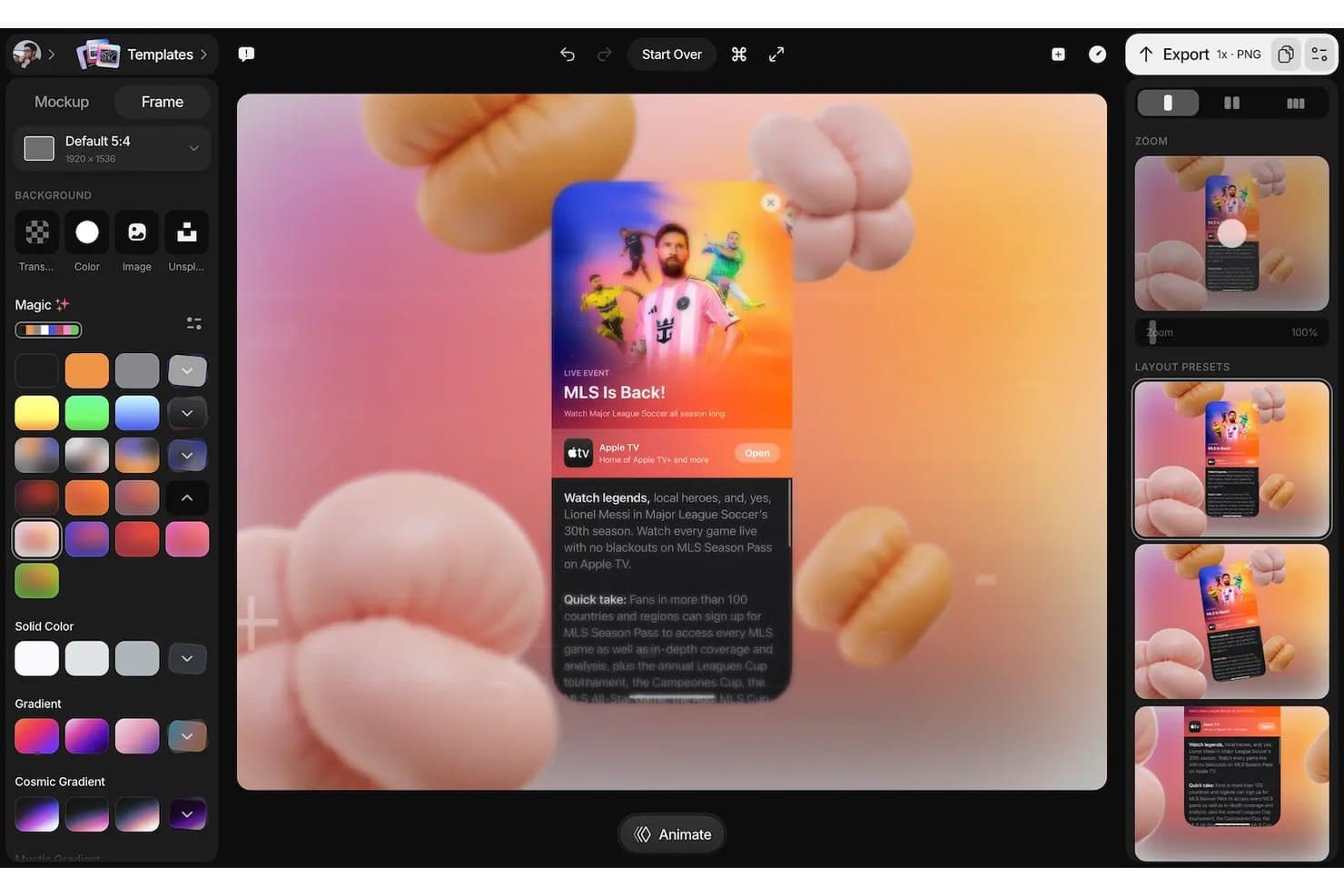 Shotsin mallikuvamuokkain, jossa näkyy MLS:n Apple TV -kuvakaappaus ja taustavärivaihtoehdot.