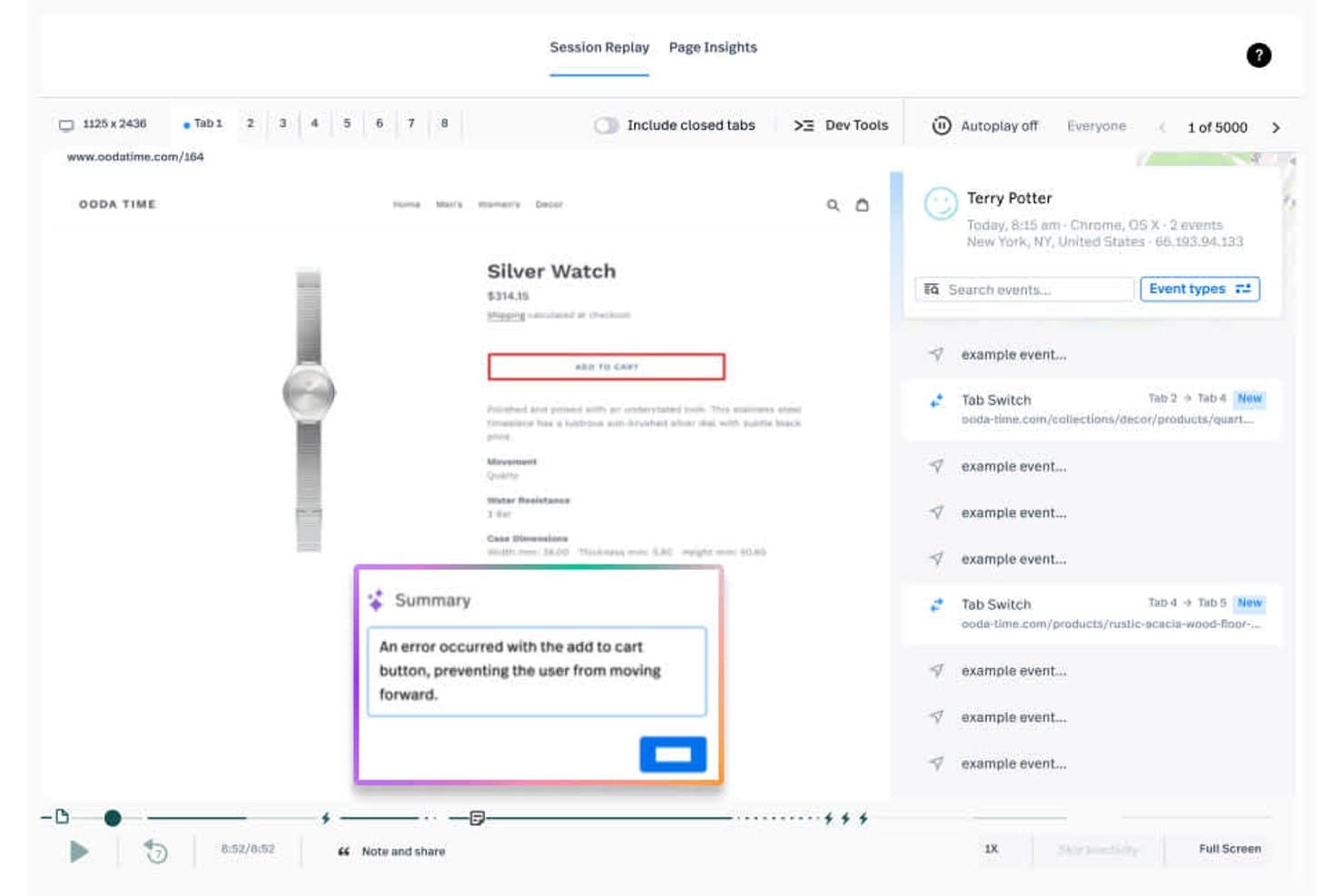 Fullstory session replay showing a silver watch product page with an add-to-cart error summary popup.