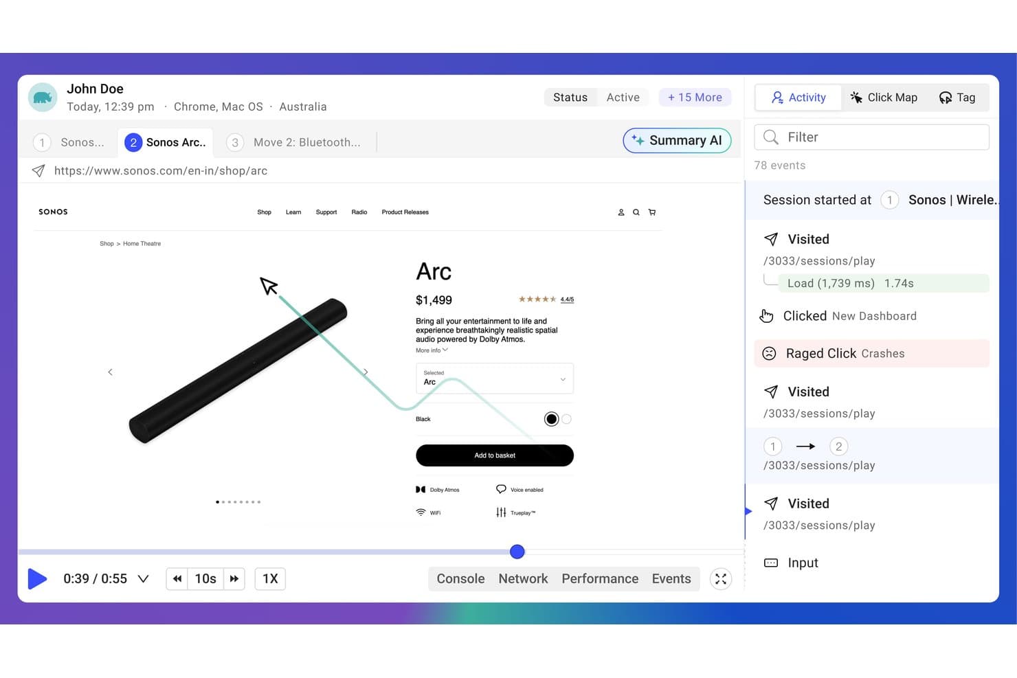 OpenReplay-sessionsafspilning, der viser brugeraktivitet, raseriklik og panelet med besøgte sider.