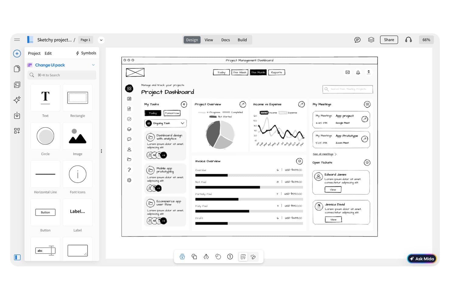 MockFlow wireframe editor showing a project management dashboard with UI components panel.