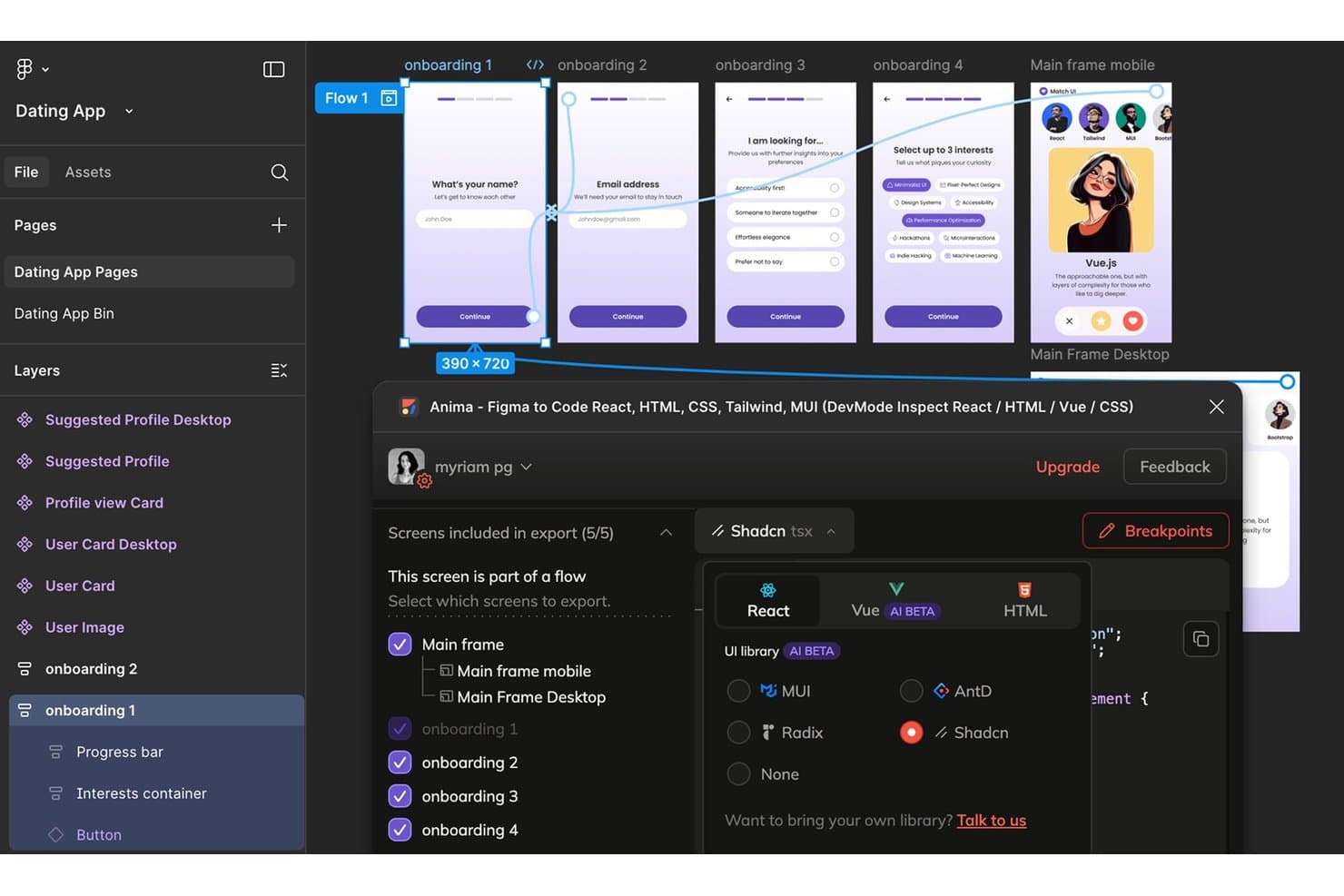 Anima plugin in Figma showing multi-screen export with React and Shadcn options.