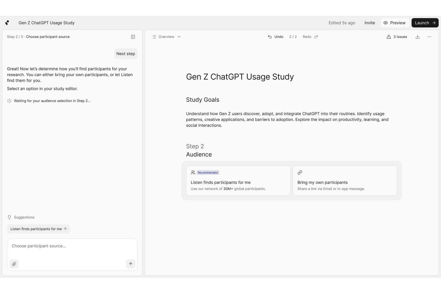 Listen Labs study builder showing audience selection step with participant sourcing options.