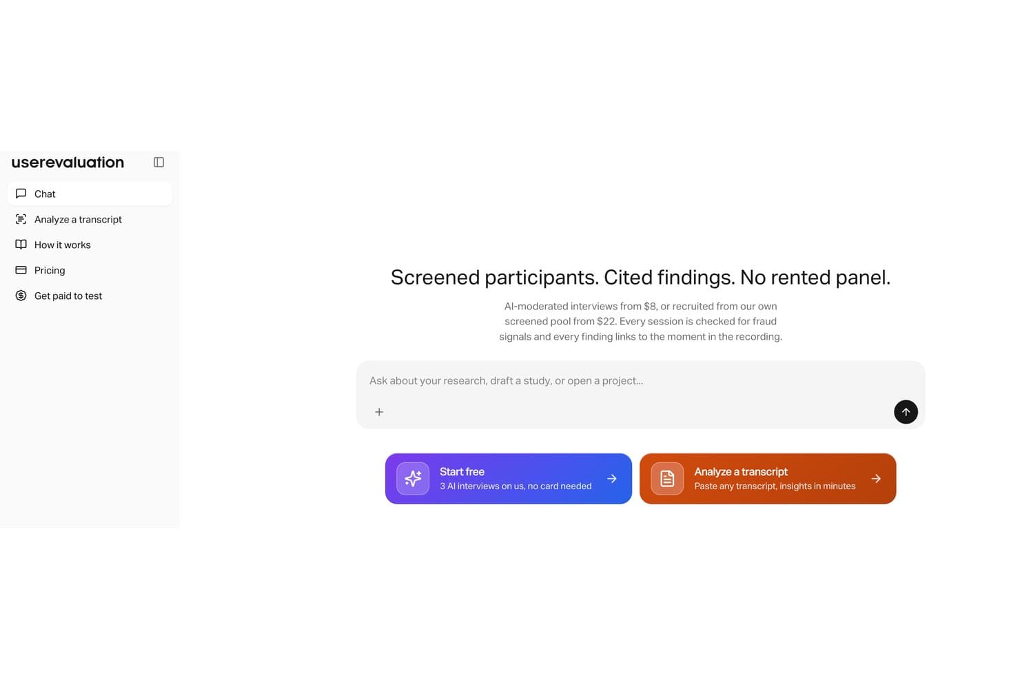 User Evaluation homepage with AI interview options and transcript analysis buttons.
