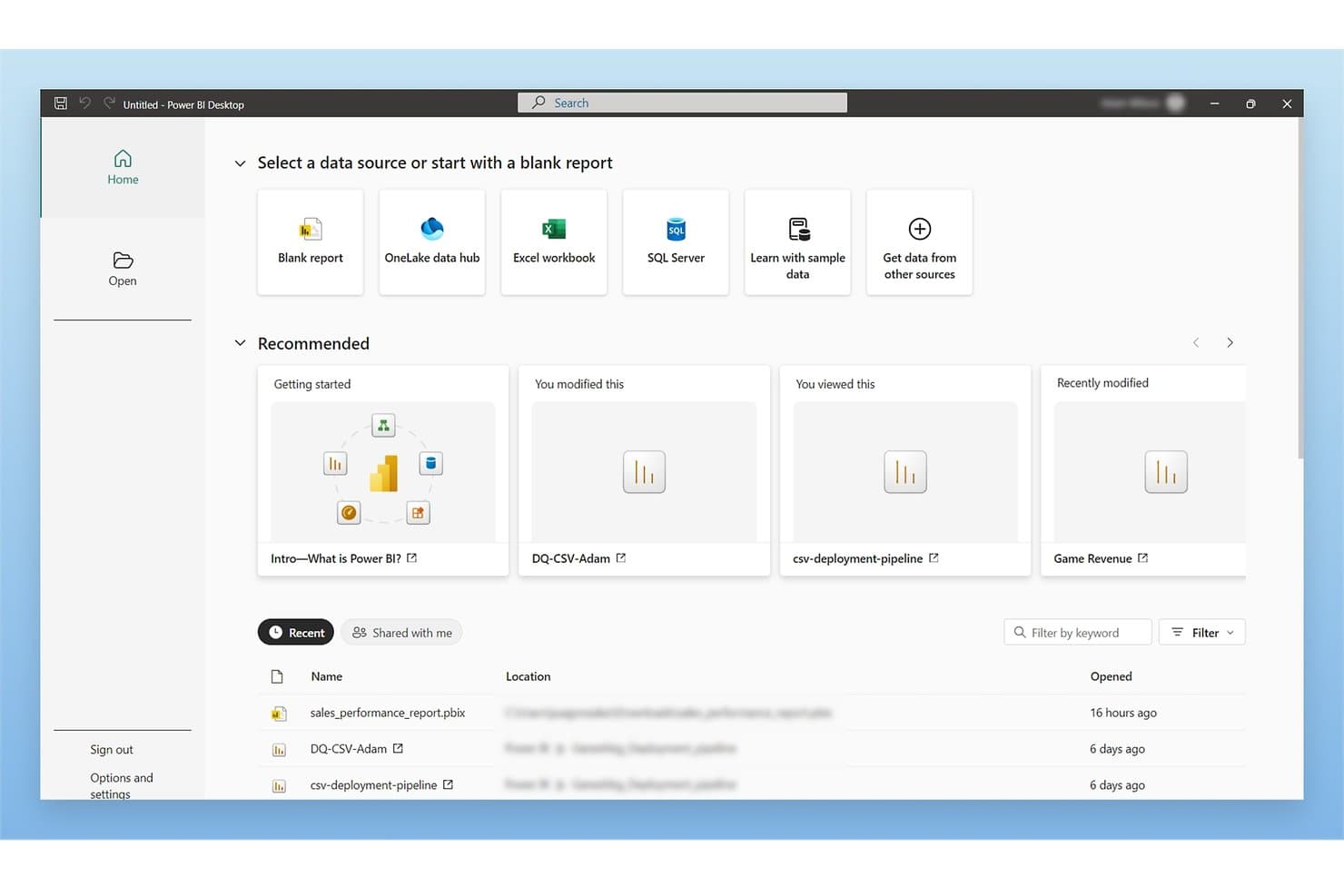Microsoft Power BI Desktop home screen showing data source options and recent files.