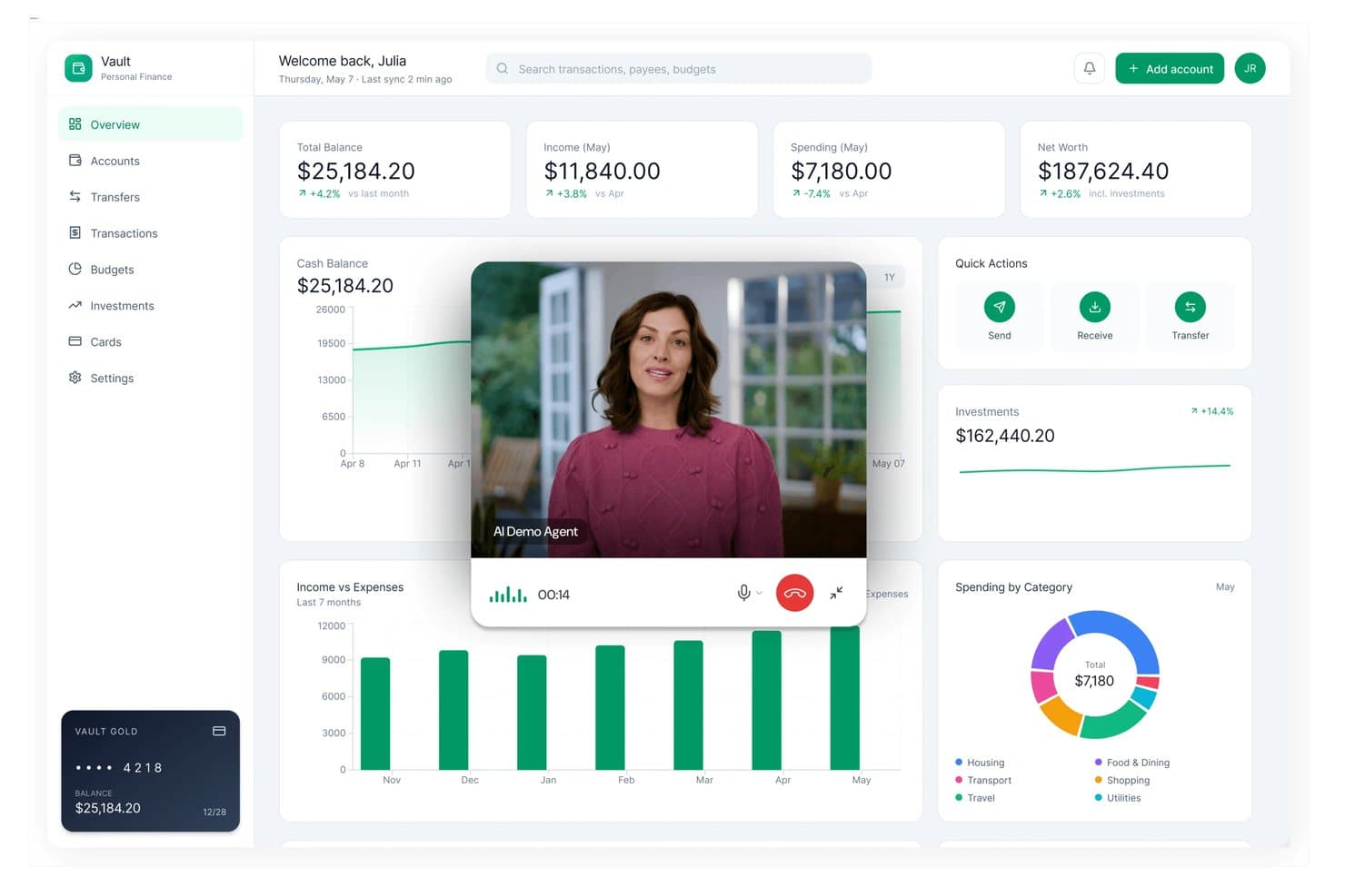 Dashboard für persönliche Finanzen mit eingeblendetem KI-Videodemoagenten, der Finanzdaten anzeigt.