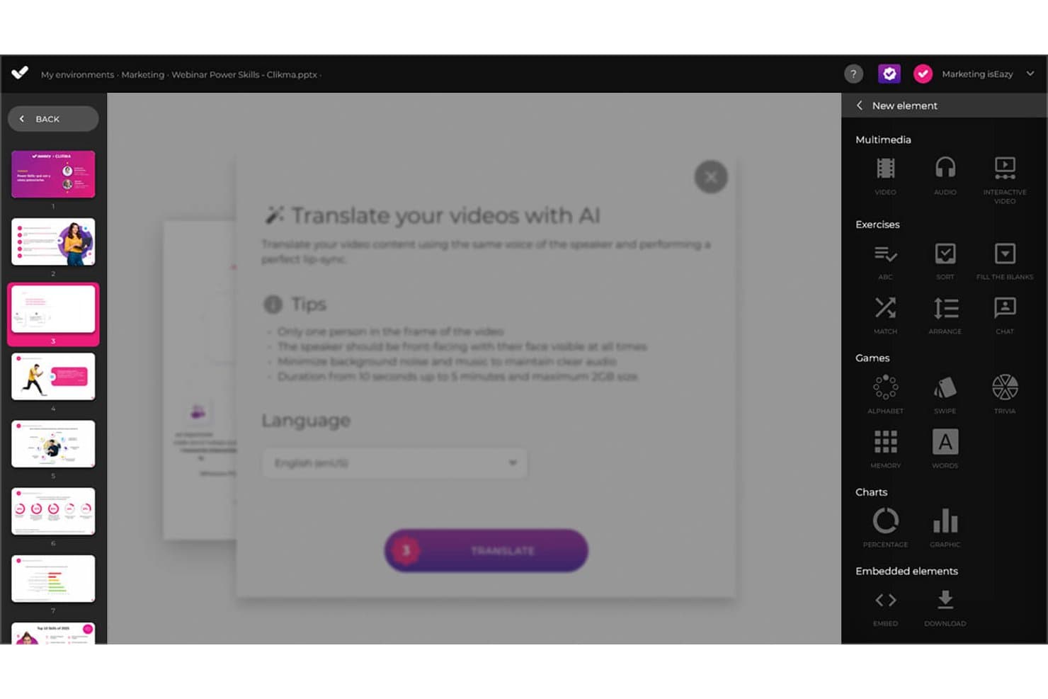 Dialogboks til AI-videooversættelse i isEazy Author med sprogvælger og oversættelsesknap.