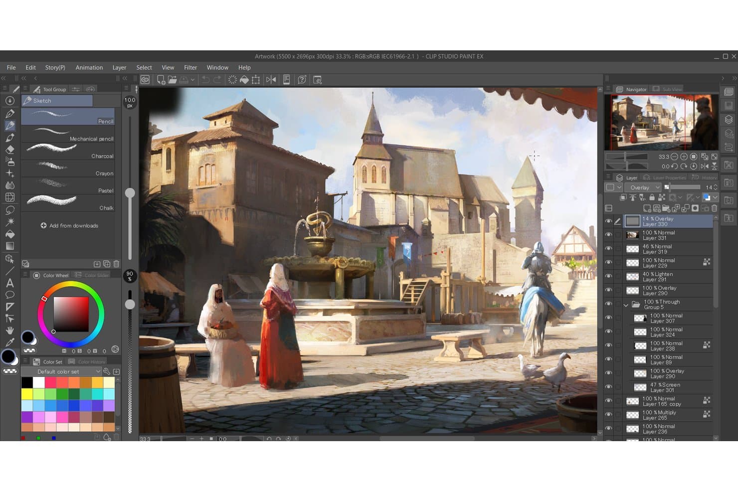 Clip Studio Paint-brugerflade, der viser et digitalt maleri af en middelalderby med lagpanel.