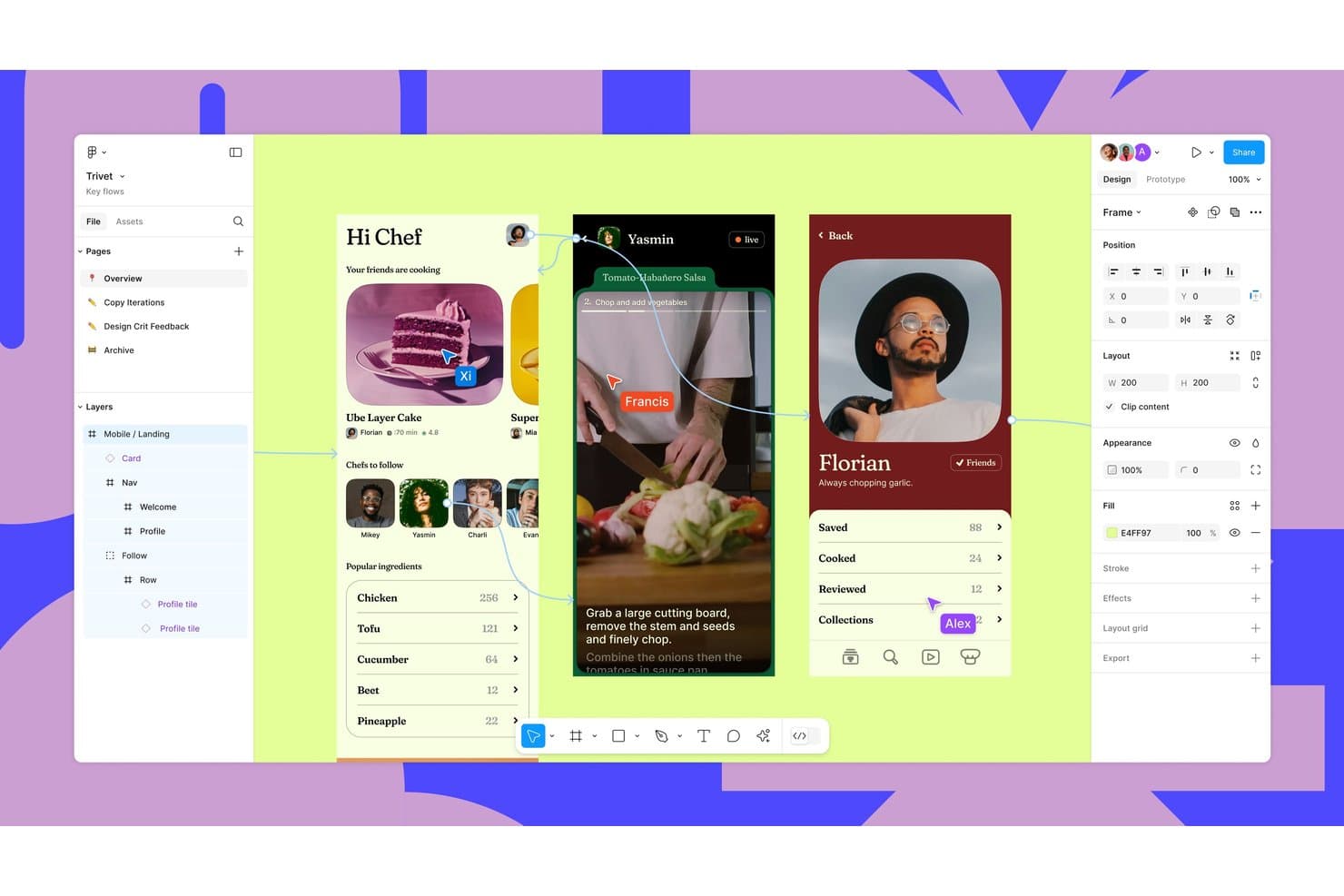 Figma-designværktøj, der viser brugerfladeskærme til en mobilapp med lagpanel og sidepanel med egenskaber.