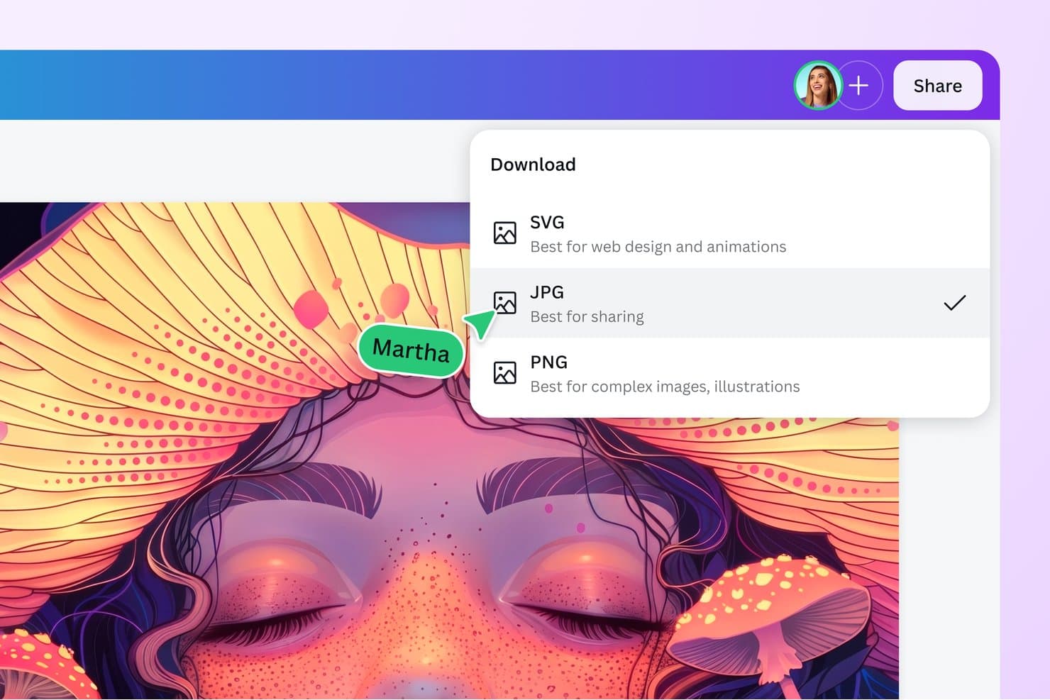 Canvas downloadmenu, der viser indstillingerne for SVG-, JPG- og PNG-formater, hvor JPG er valgt.
