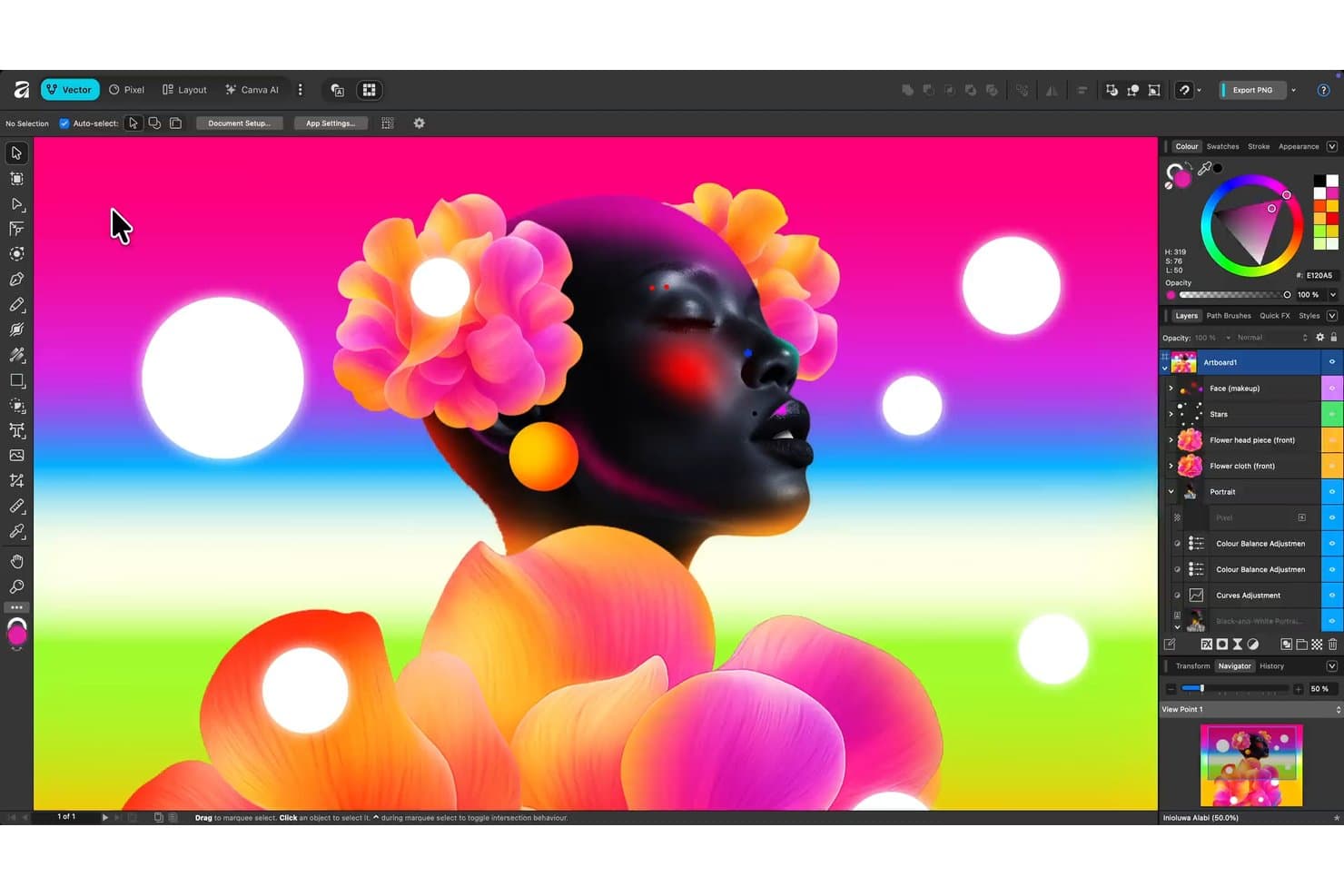 Affinity Designer-brugerflade, der viser en farverig portrætillustration med lagpanel.