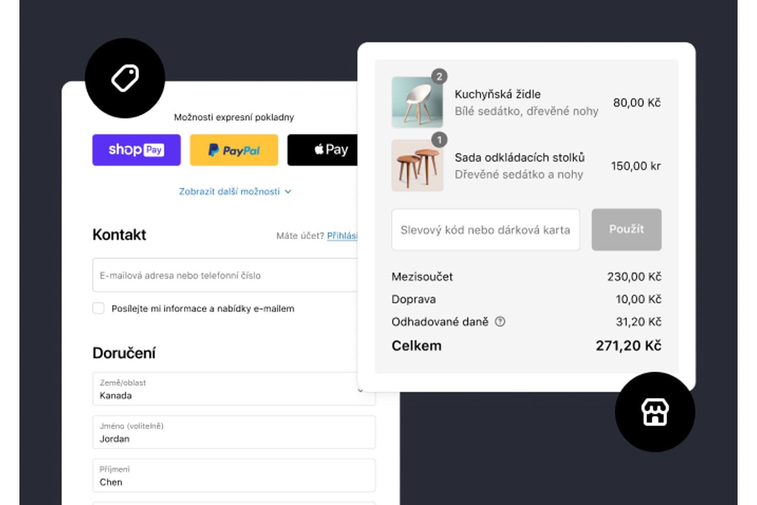 Formularz płatności Shopify z podsumowaniem zamówienia, opcjami płatności i wyświetlonym całkowitym kosztem.