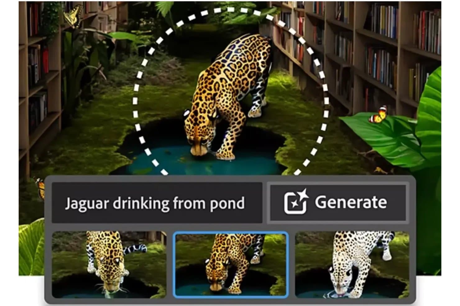 Photoroom-brugerflade, der viser en jaguar, som drikker fra en dam, genereret via en tekstprompt, med tre AI-variationer nedenfor.