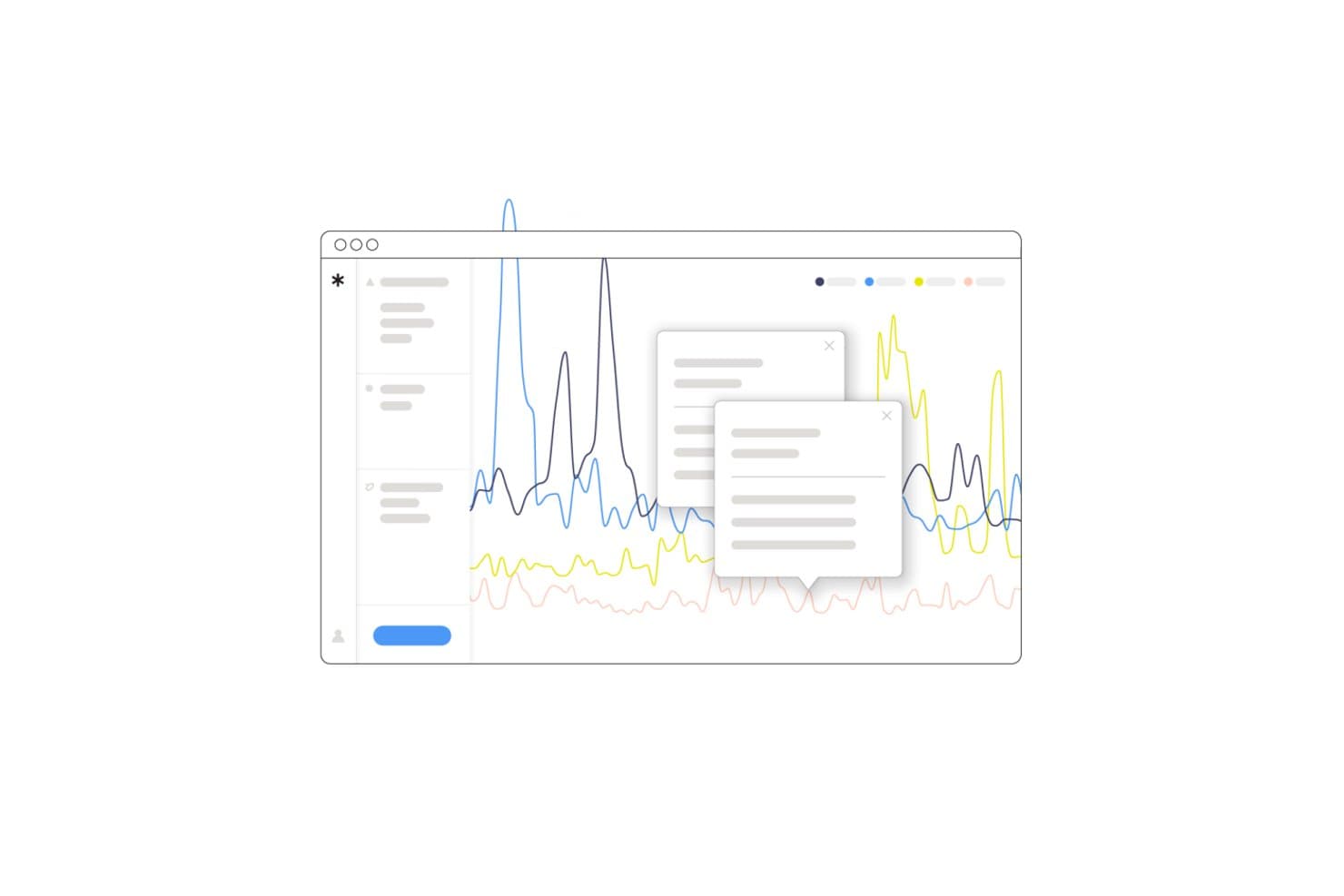 Pulsar dashboard showing multi-line trend chart with popup tooltips and legend.