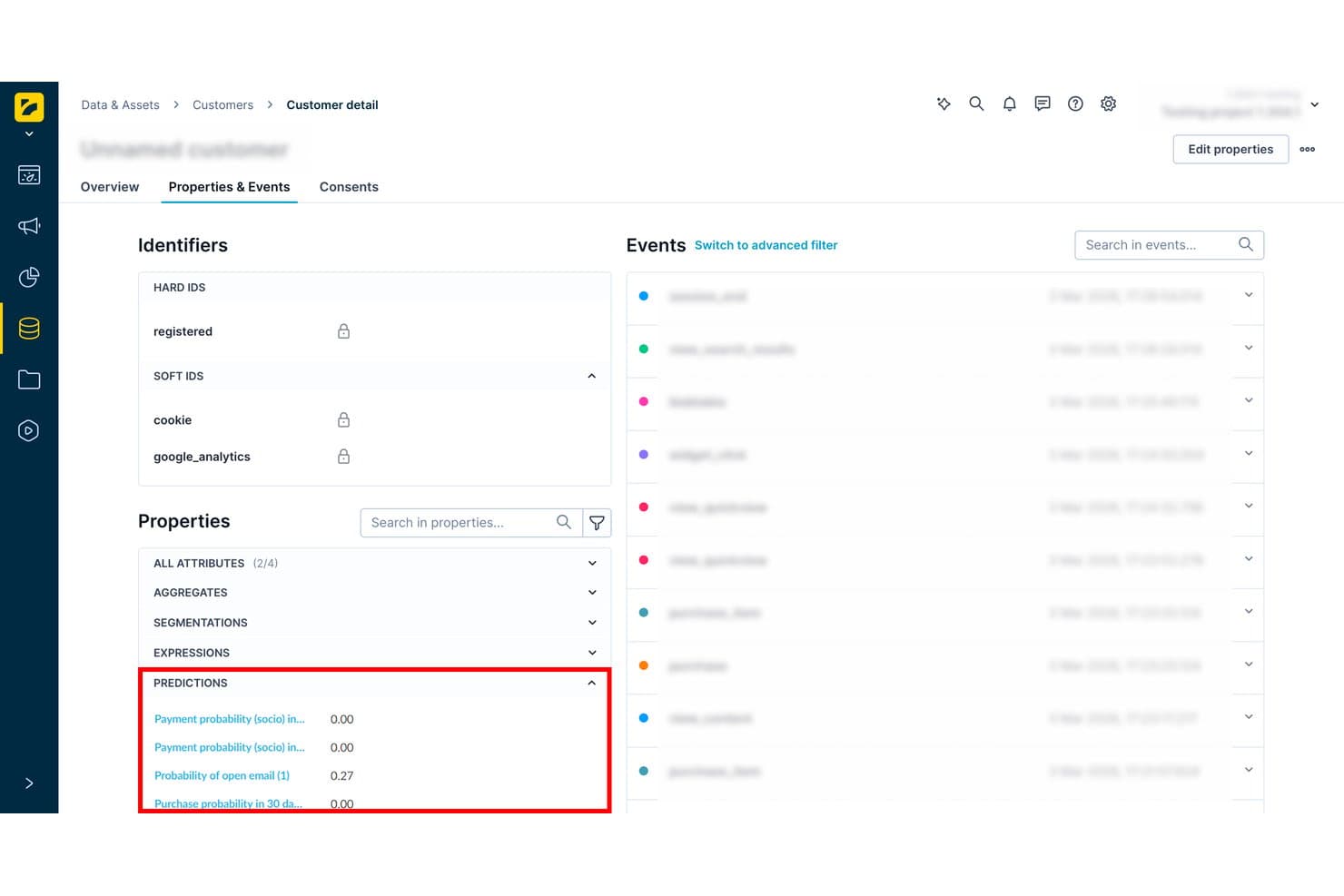 Bloomreach customer detail panel showing predictions scores under Properties and Events tab.