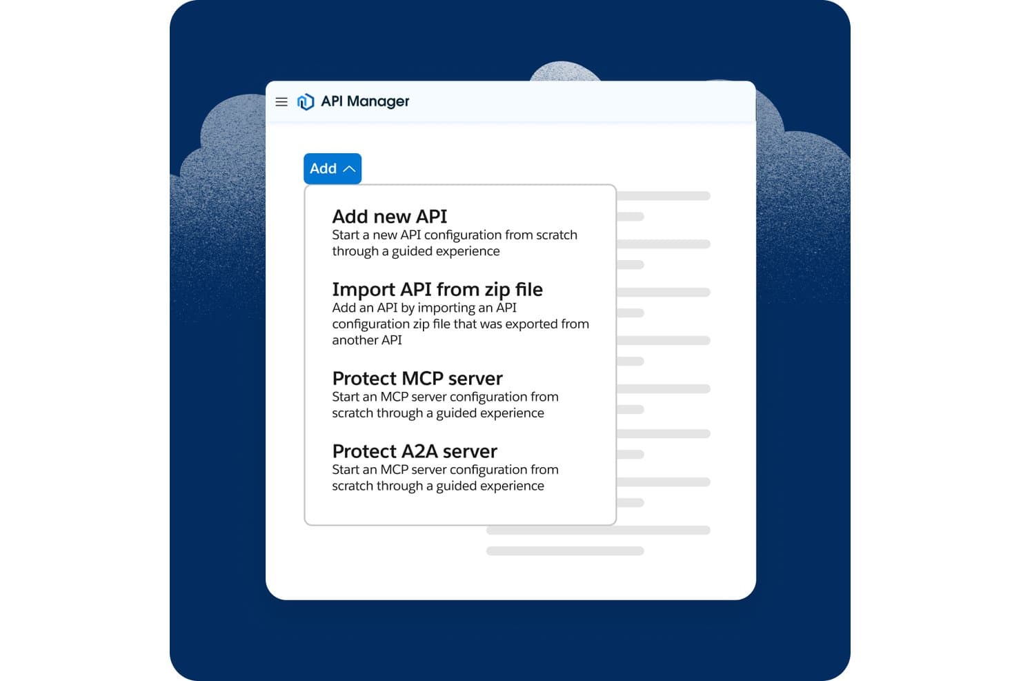 Menu Toevoegen van MuleSoft Anypoint API Manager met opties om een nieuwe API toe te voegen, een API uit een zipbestand te importeren en een MCP- of A2A-server te beveiligen