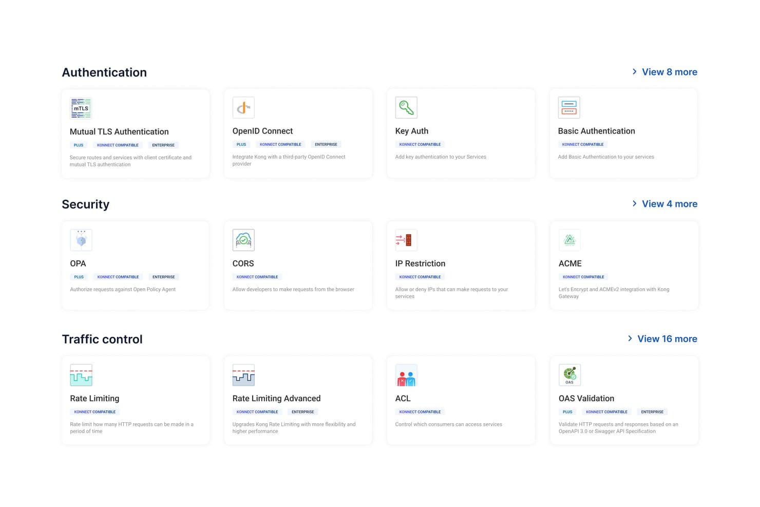 Kong Gateway-plug-incatalogus met authenticatie-, beveiligings- en verkeersbeheerplug-ins, zoals sleutelverificatie, OpenID Connect en snelheidsbeperking