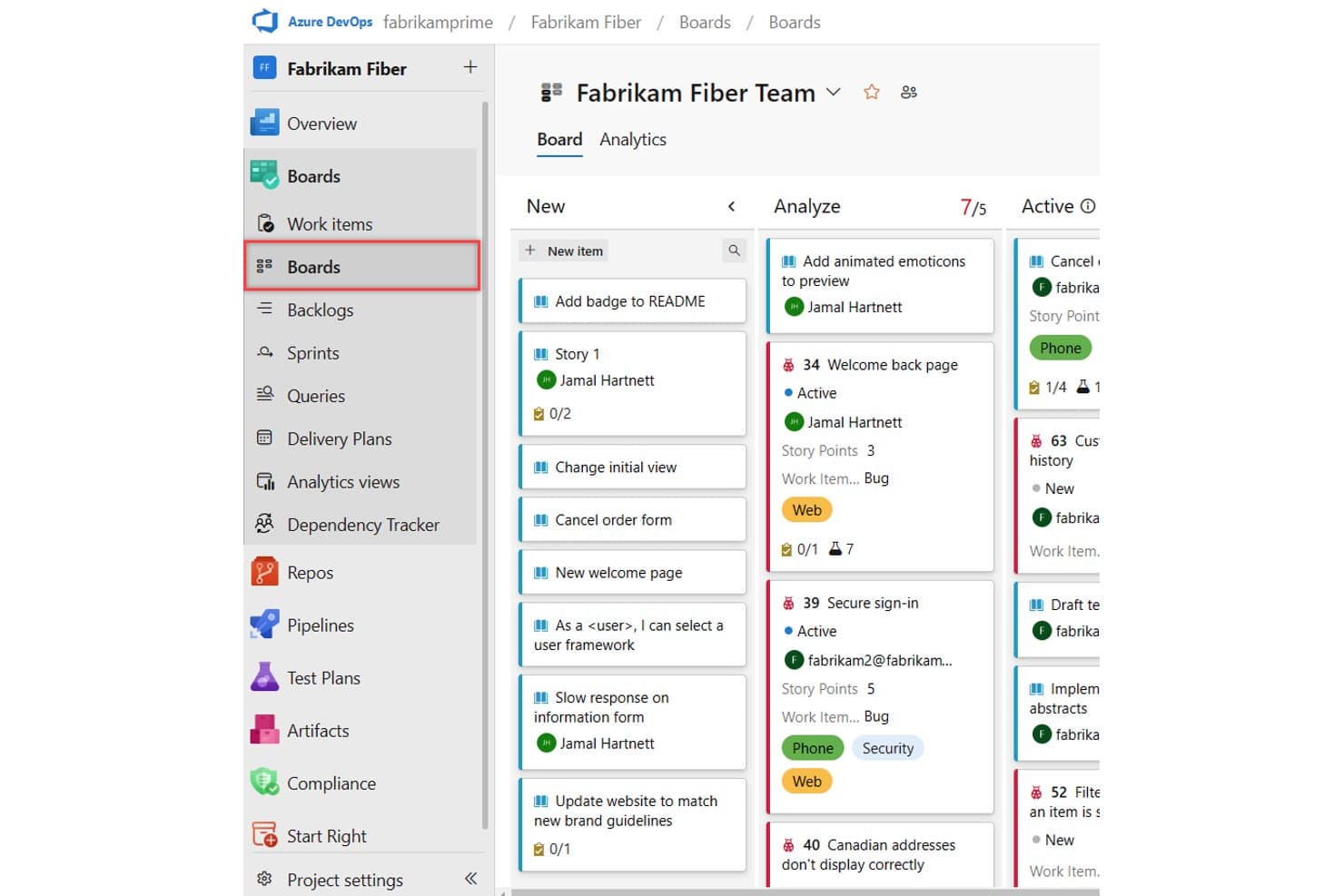 Azure DevOps Kanban board showing New, Analyze, and Active columns with work item cards.