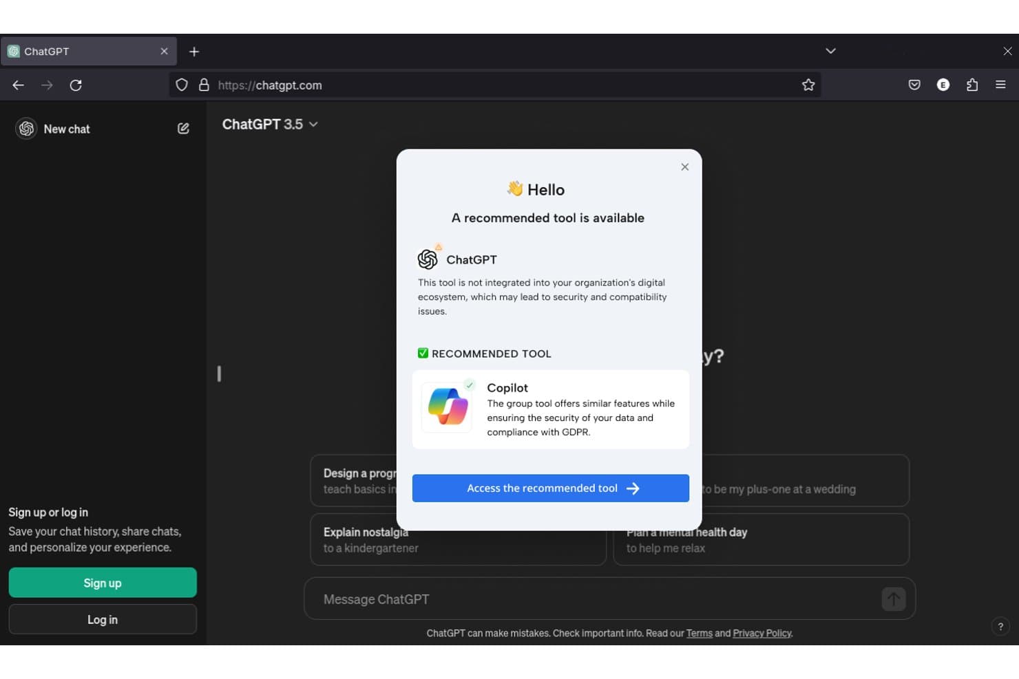 Lemon Learning popup warning about ChatGPT shadow IT, recommending Copilot instead.