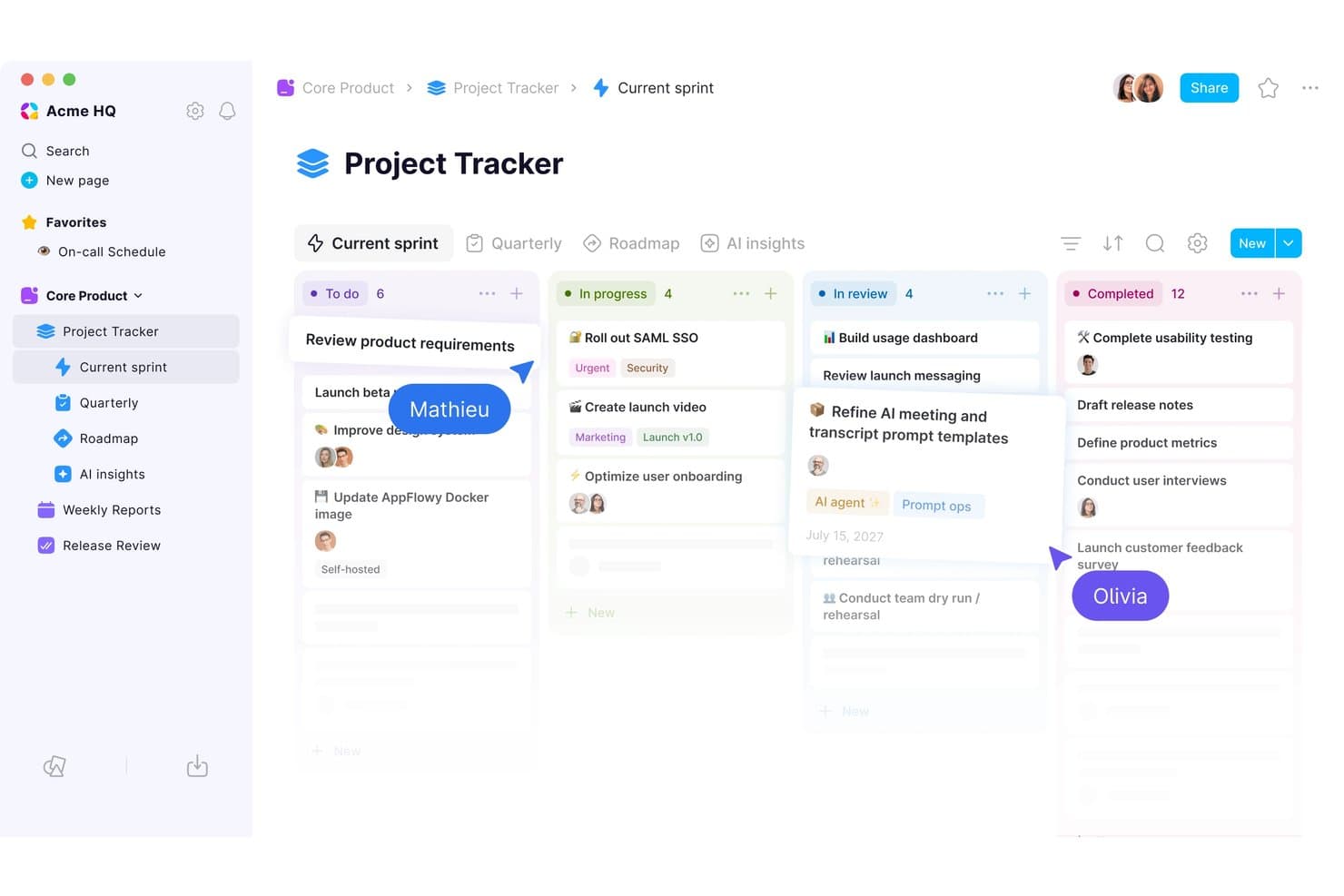 AppFlowy Project Tracker kanban board with To Do, In Progress, In Review, and Completed columns.