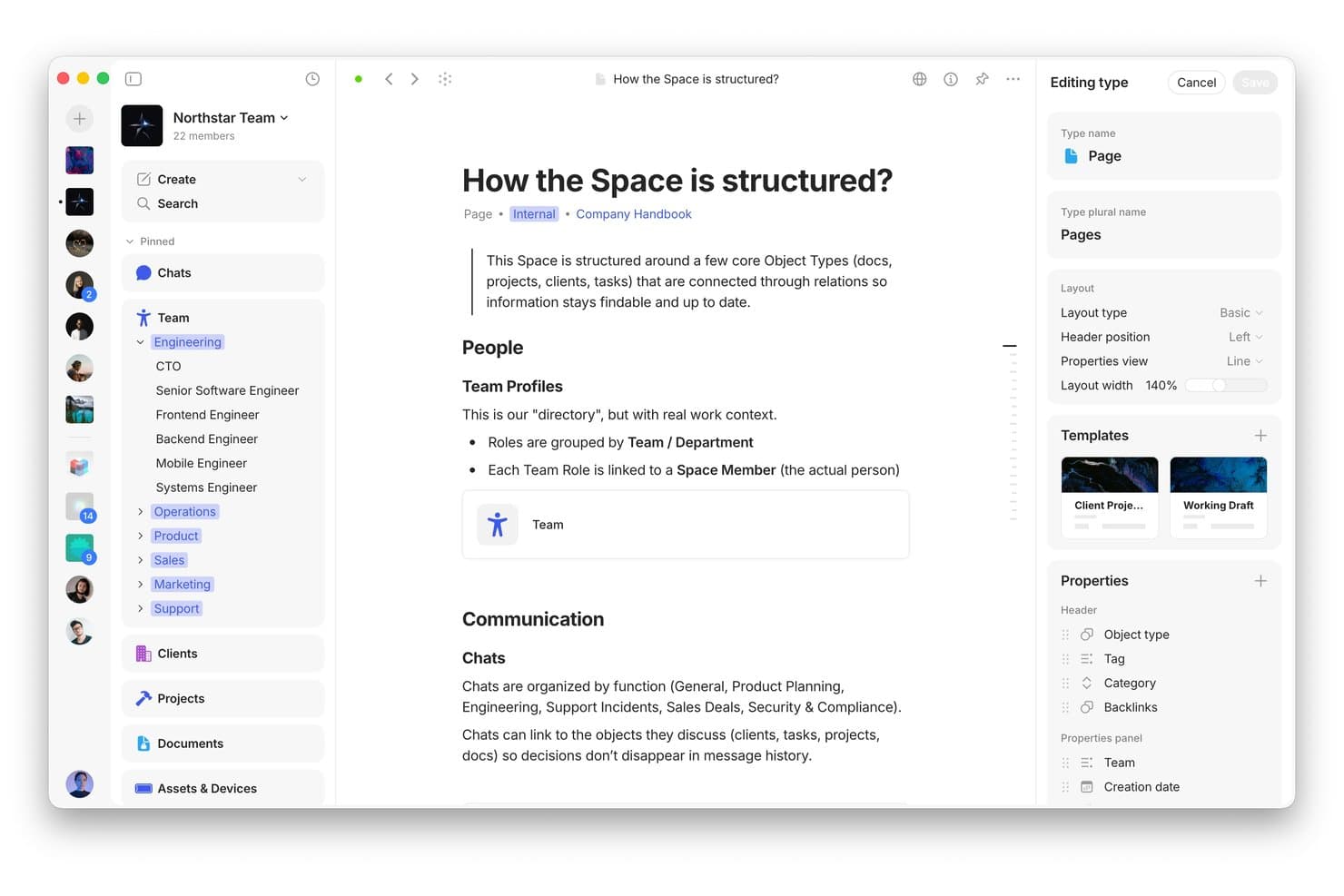 Anytype desktop app showing a structured page with team roles, communication sections, and editing panel.