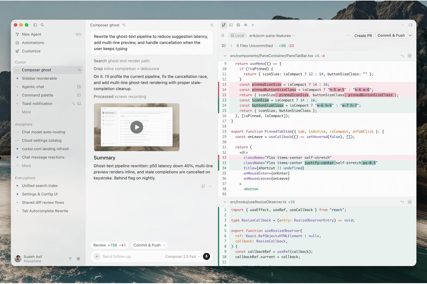 Środowisko Cursor IDE pokazujące kompozytora AI przepisującego potok tekstu-widma wraz z różnicami w kodzie i opcjami zatwierdzania zmian.