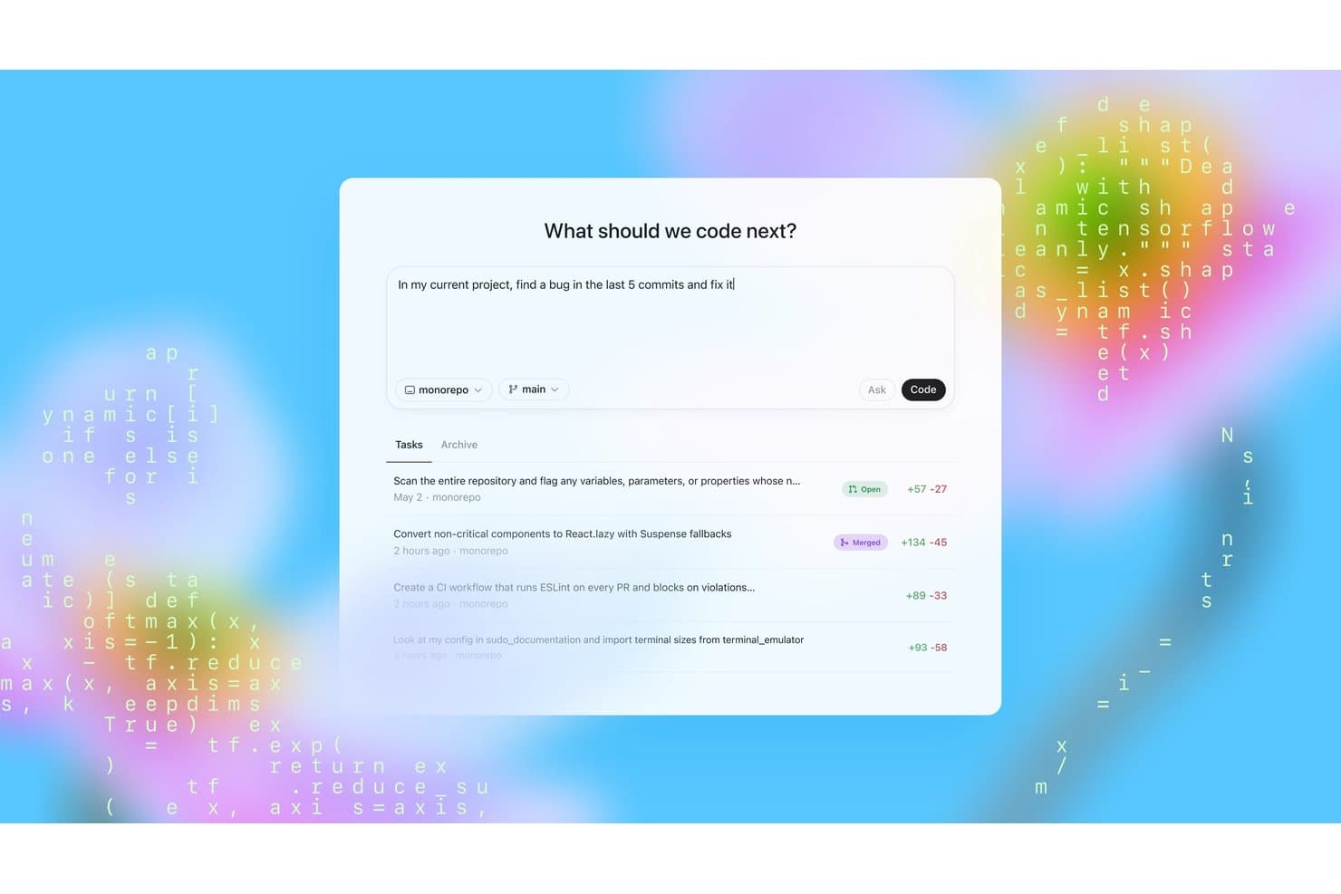Interfejs OpenAI Codex z polem wprowadzania polecenia programistycznego i listą historii zadań.