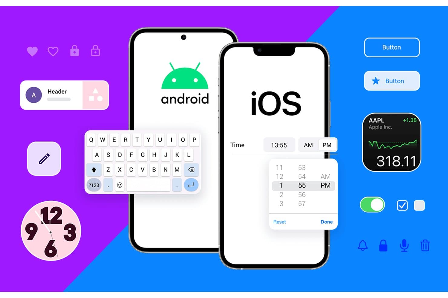 Android- ja iOS-puhelimet, joissa näkyy käyttöliittymäkomponentteja, widgettejä ja ajanvalitsin.