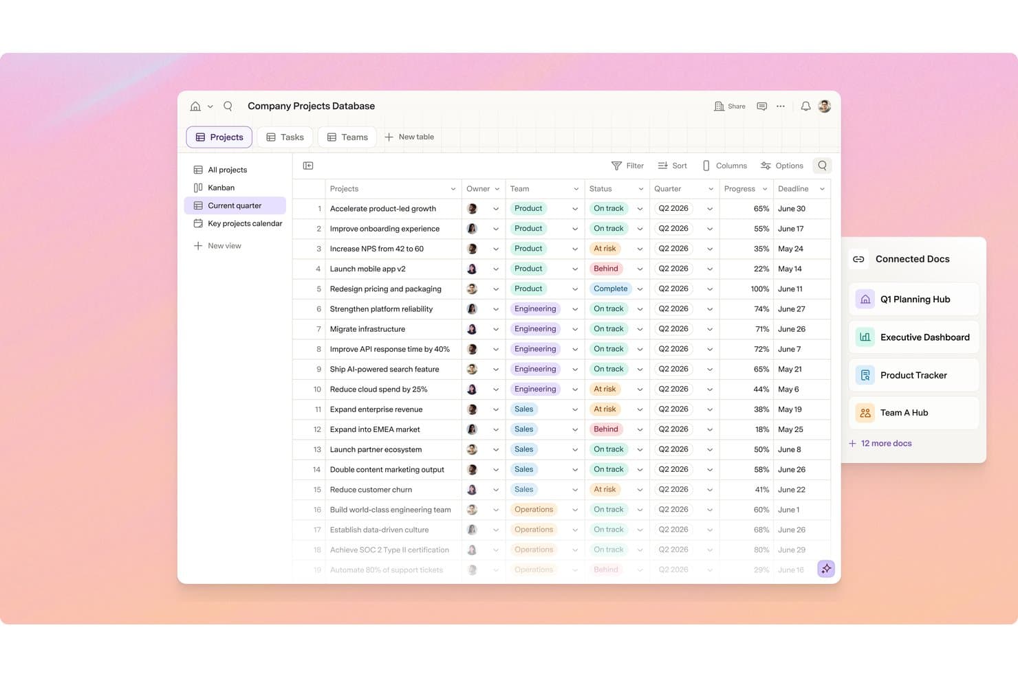 Superhuman Docs project database table with status, progress, and deadline columns.