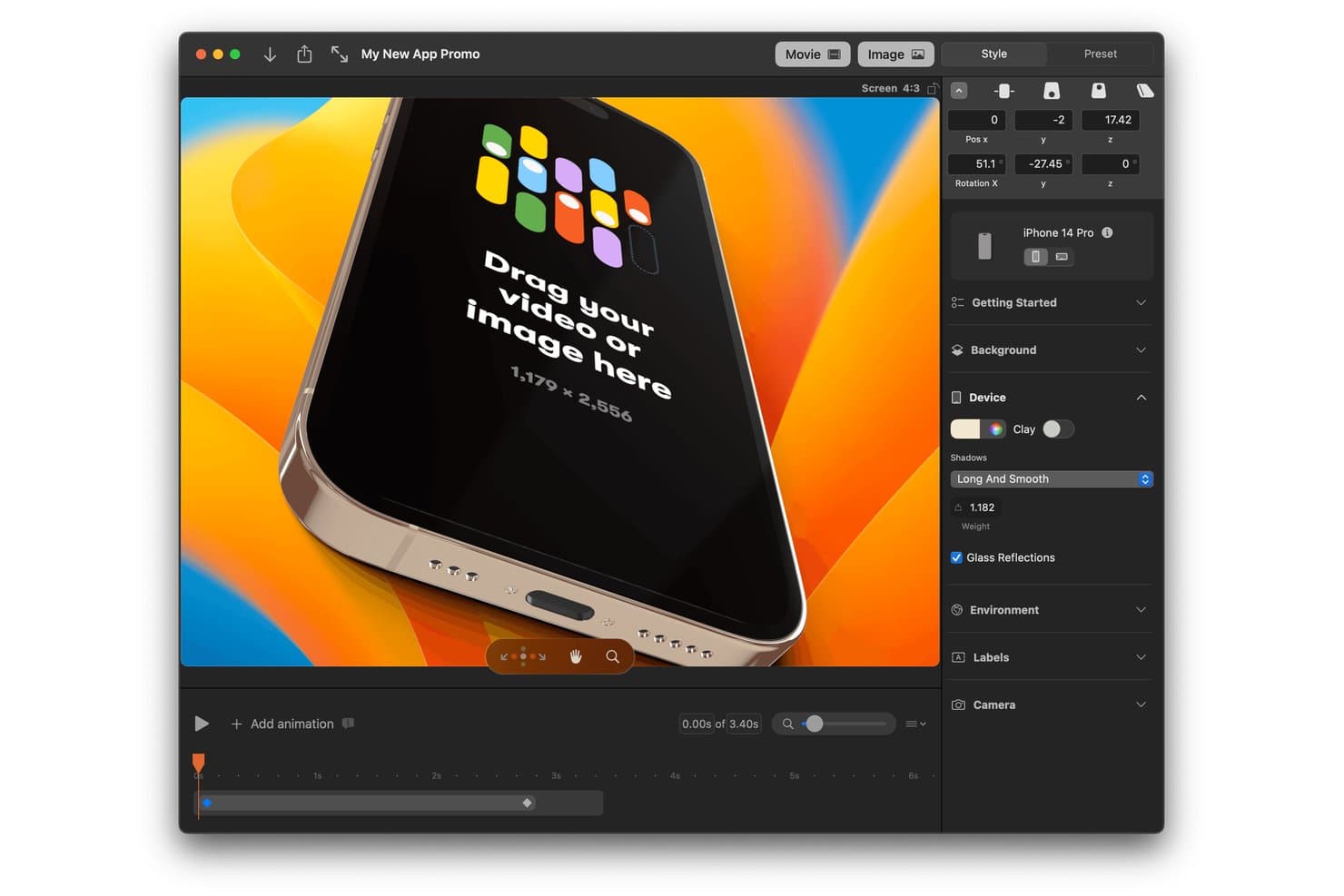 Rotato-appen viser en iPhone 14 Pro-model med farverig gradientbaggrund.