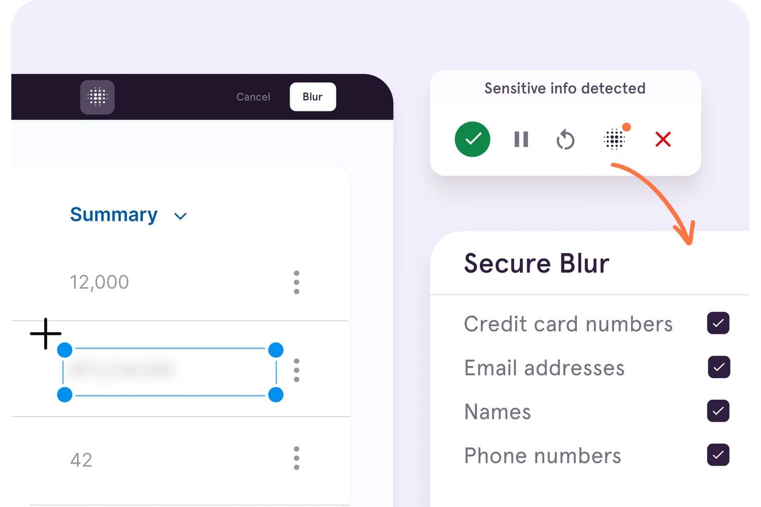 Tango UI showing secure blur feature detecting and redacting sensitive information fields.