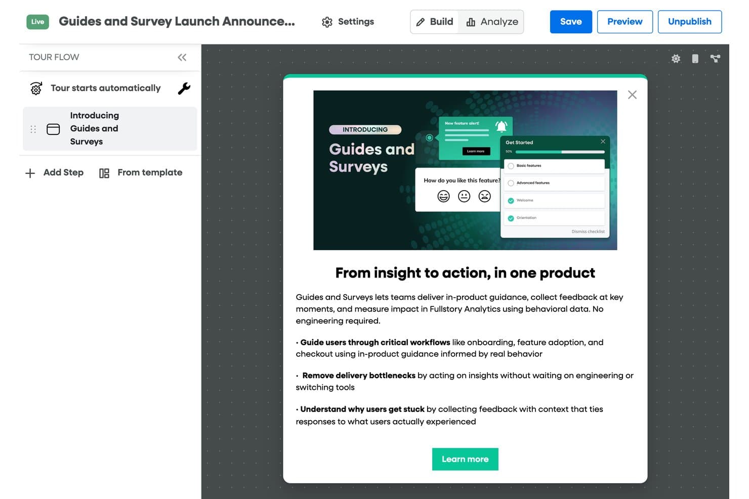 Fullstory tour builder showing a modal announcing Guides and Surveys feature.