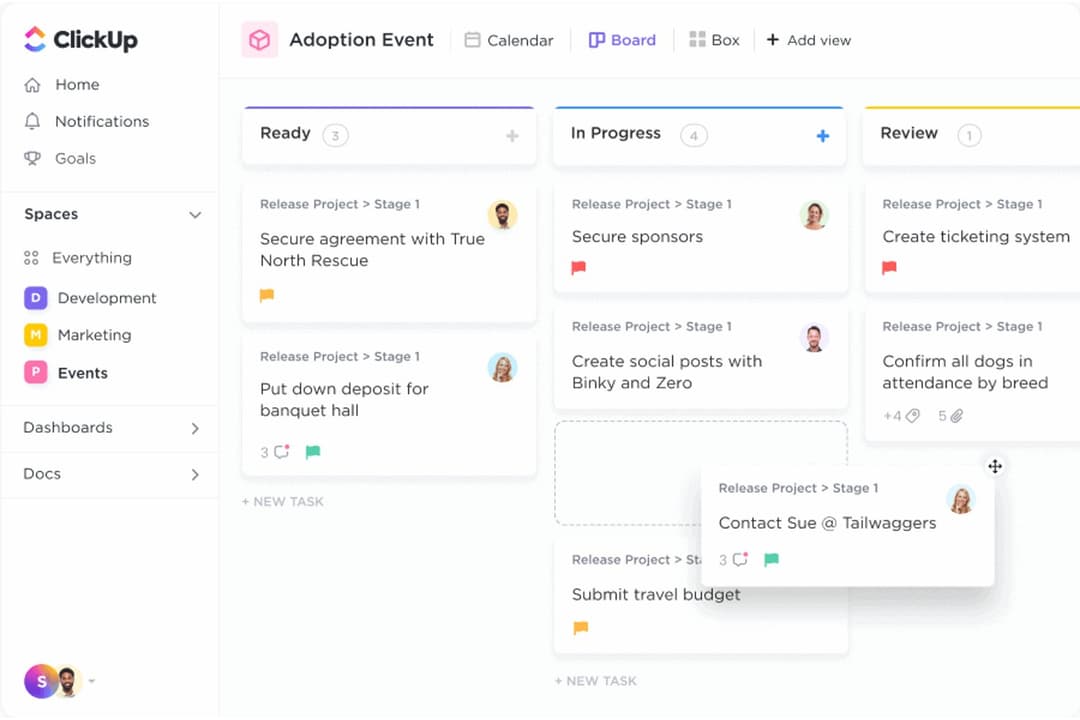 ClickUp's Board view organizes event tasks across Ready, In Progress, and Review stages.