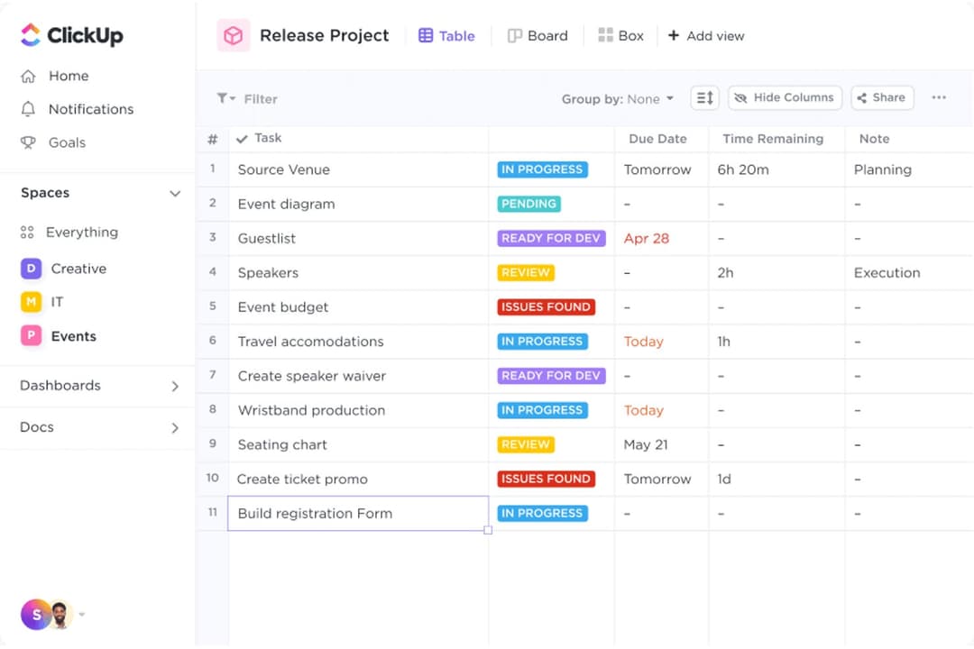 ClickUp's Table view tracks event tasks by status, due date, and time.
