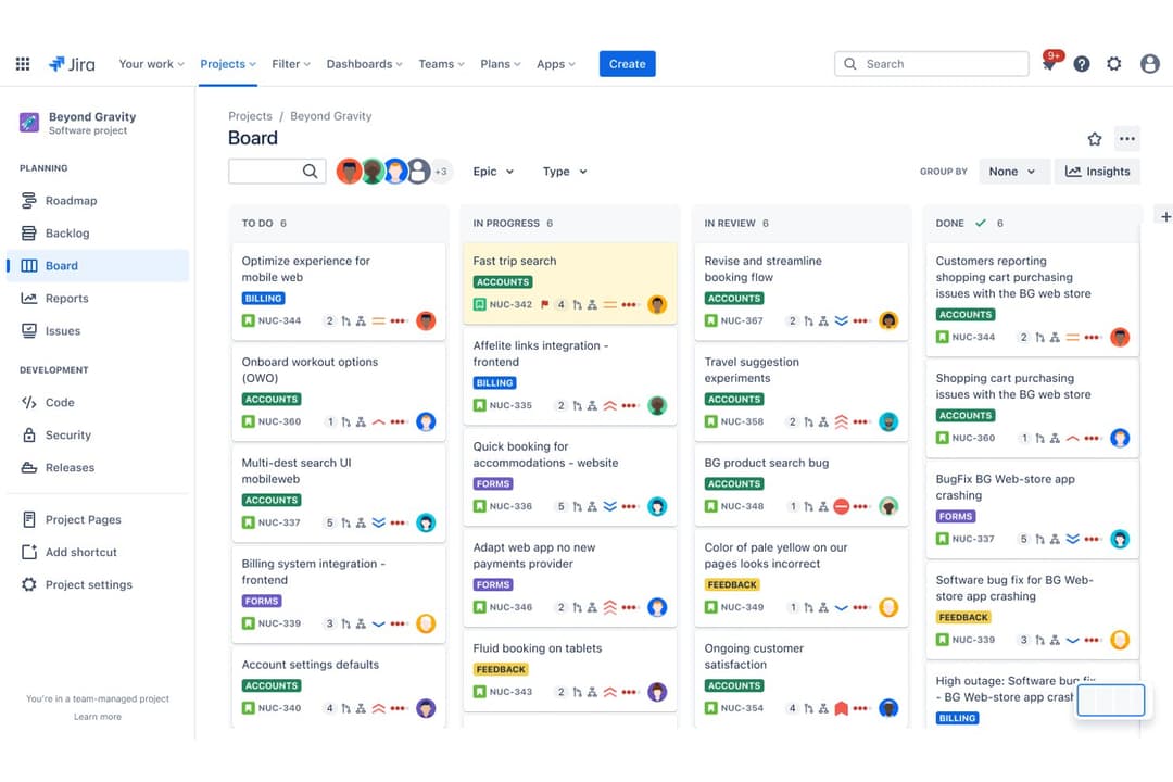 Jira organizes tasks across To Do, In Progress, Review, and Done columns.