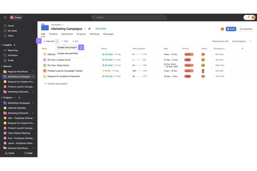 Asana lets users manage multiple projects in a portfolio list view.