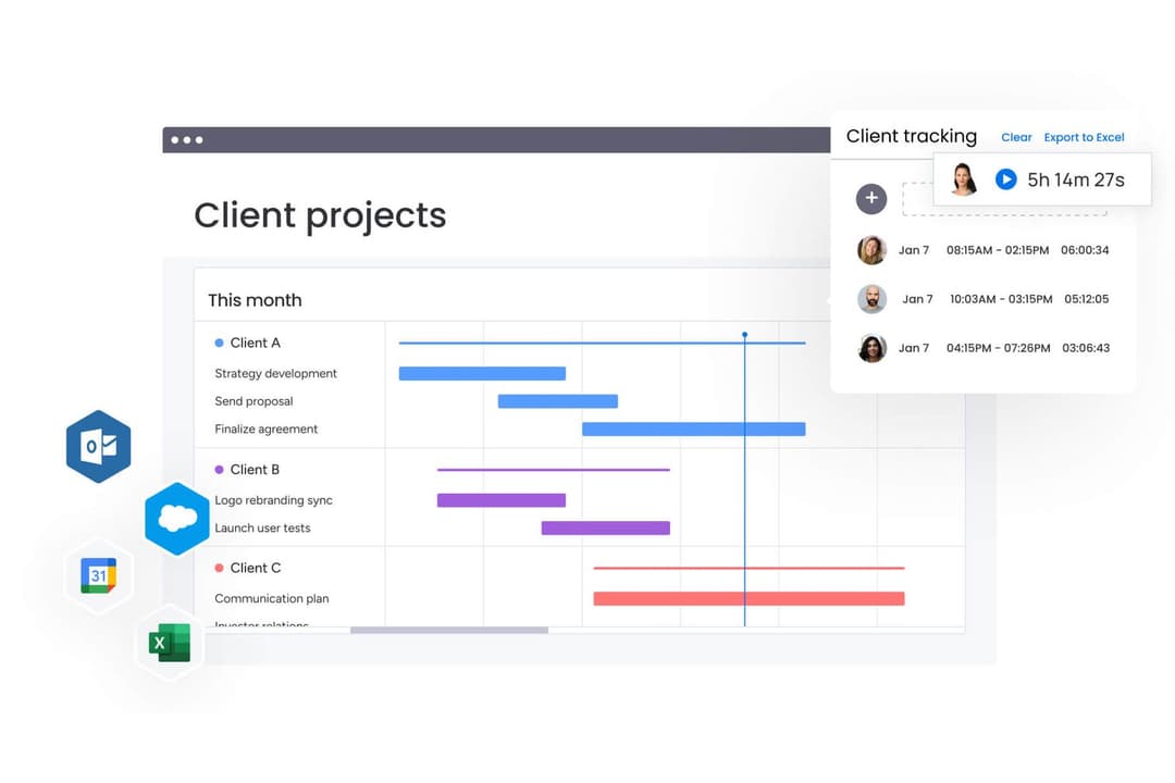 monday AI Workspace tracks client project timelines and team hours in one view.