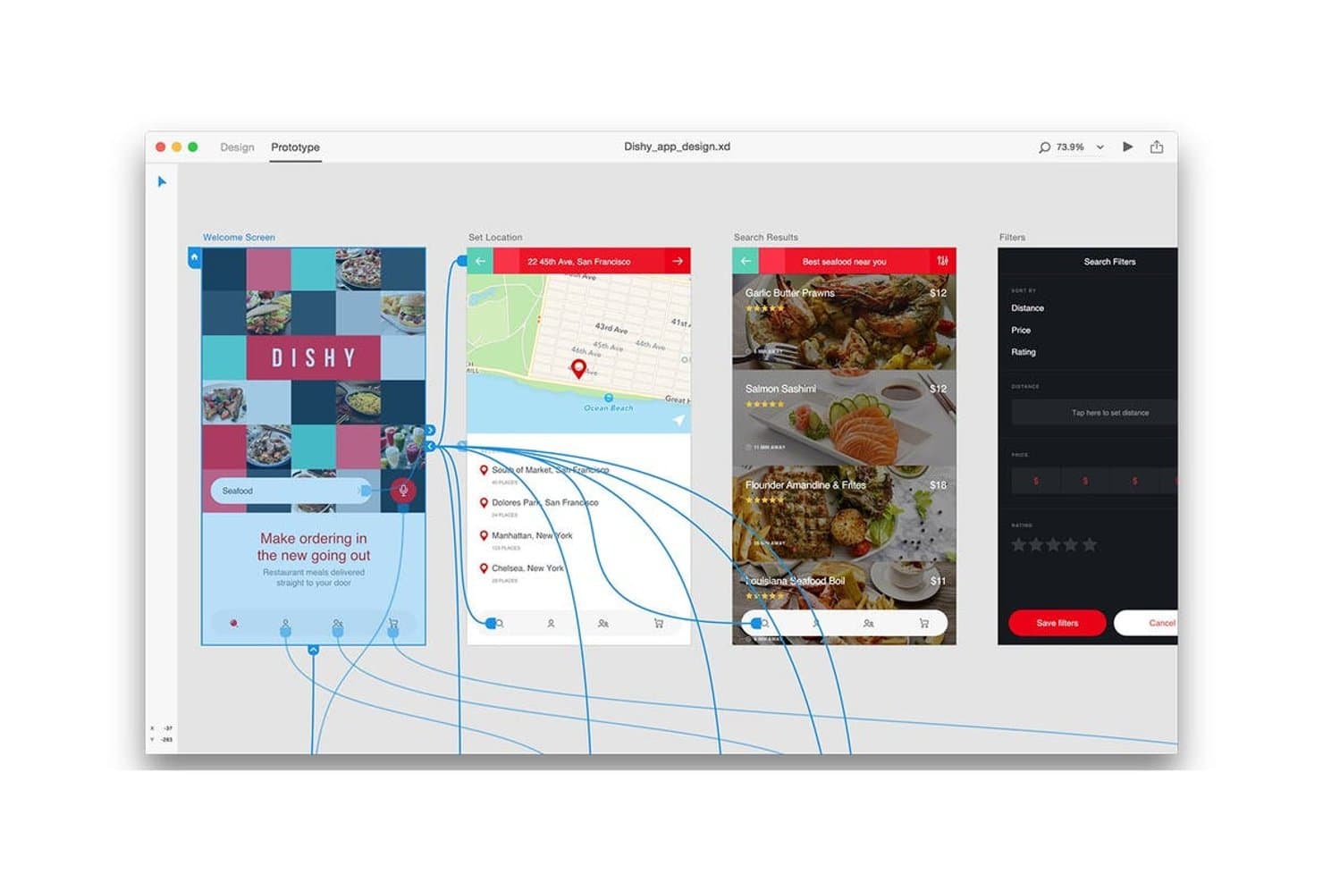 Adobe XD:n prototyyppinäkymä, jossa näkyy neljä nuolilla yhdistettyä mobiilisovelluksen näyttöä.