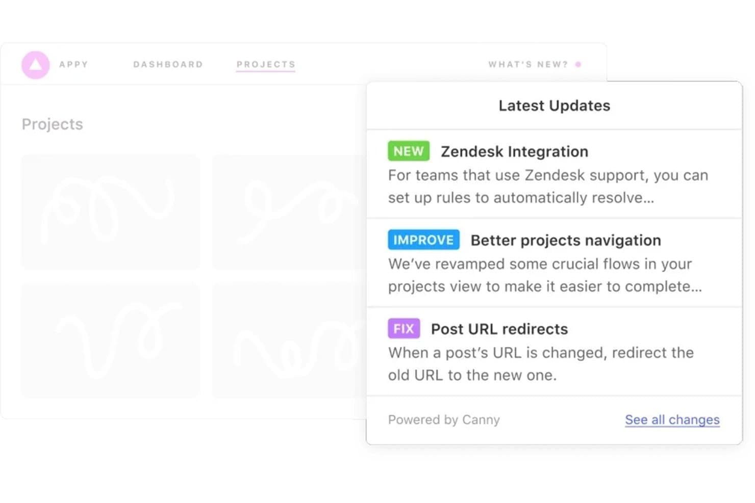 Ventana emergente del registro de cambios de Canny que muestra la nueva integración con Zendesk, mejoras de navegación y una corrección de URL.