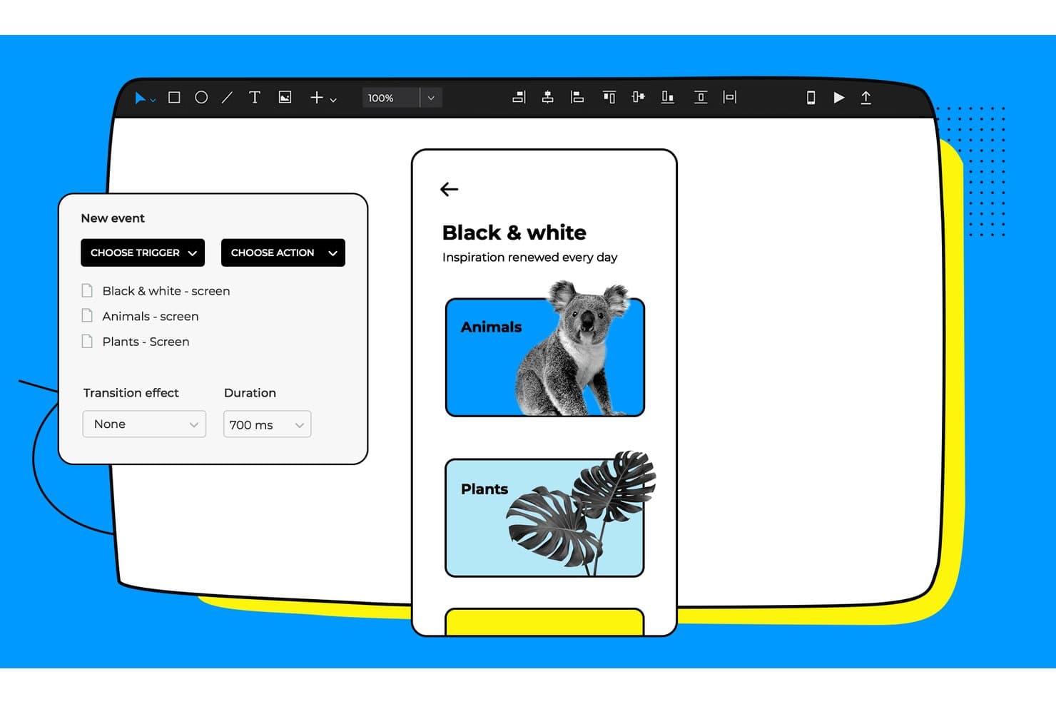 Justinmind-prototyyppityökalu, jossa näkyy vuorovaikutustapahtumien paneeli sekä mobiilisovelluksen eläin- ja kasviluokkia sisältäviä näyttöjä.
