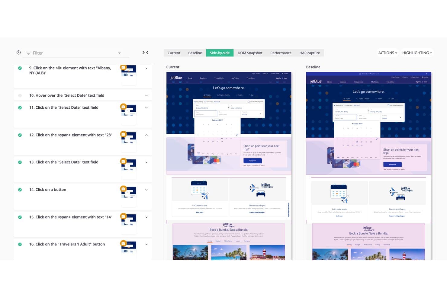 Mablin rinnakkainen visuaalinen vertailu nykyisistä ja vertailuversion JetBlue-verkkosivun kuvakaappauksista sekä testivaiheista.