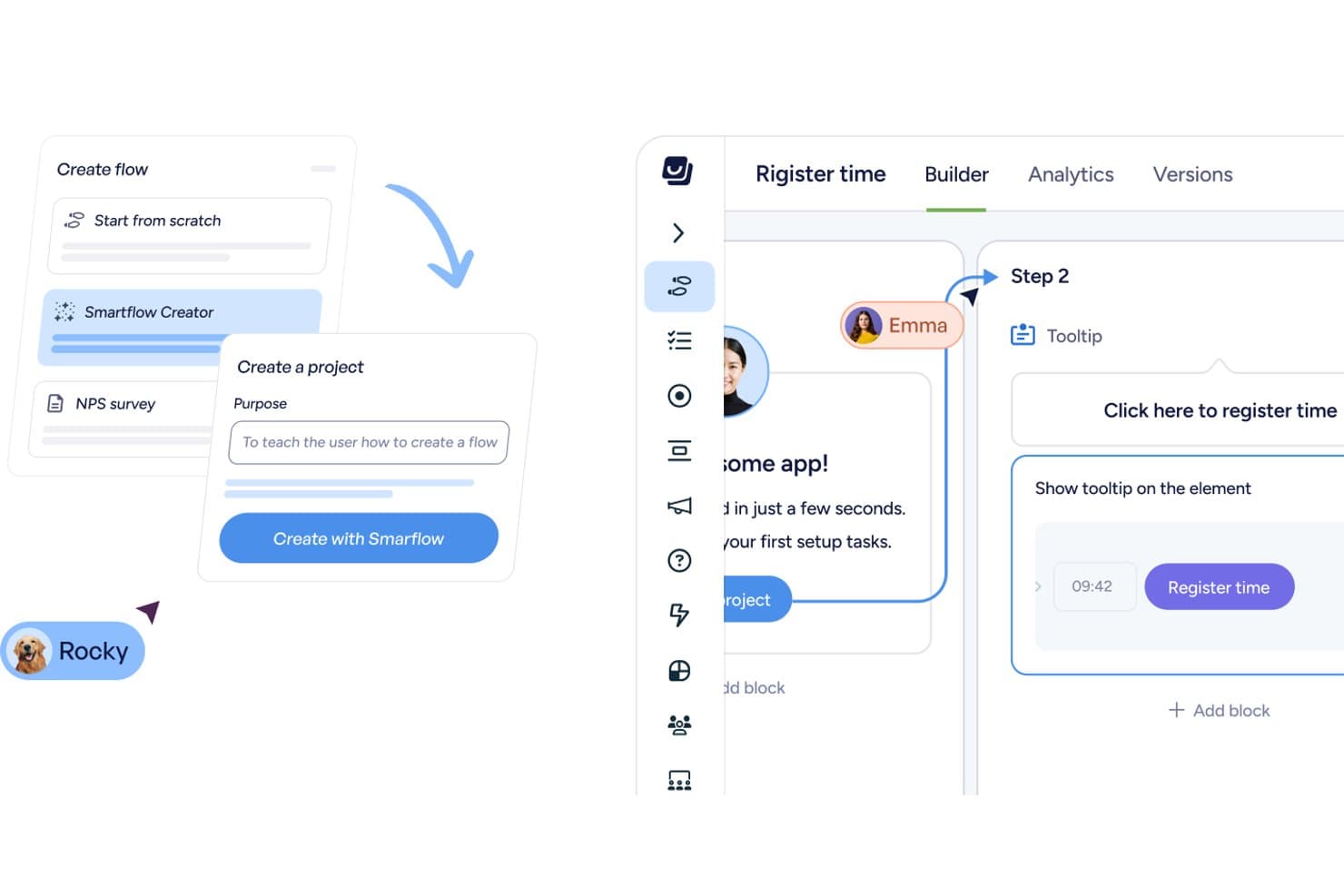 Interfaz de Userflow que muestra el constructor de flujos con un paso de consejo emergente y opciones del Creador de Smartflow.