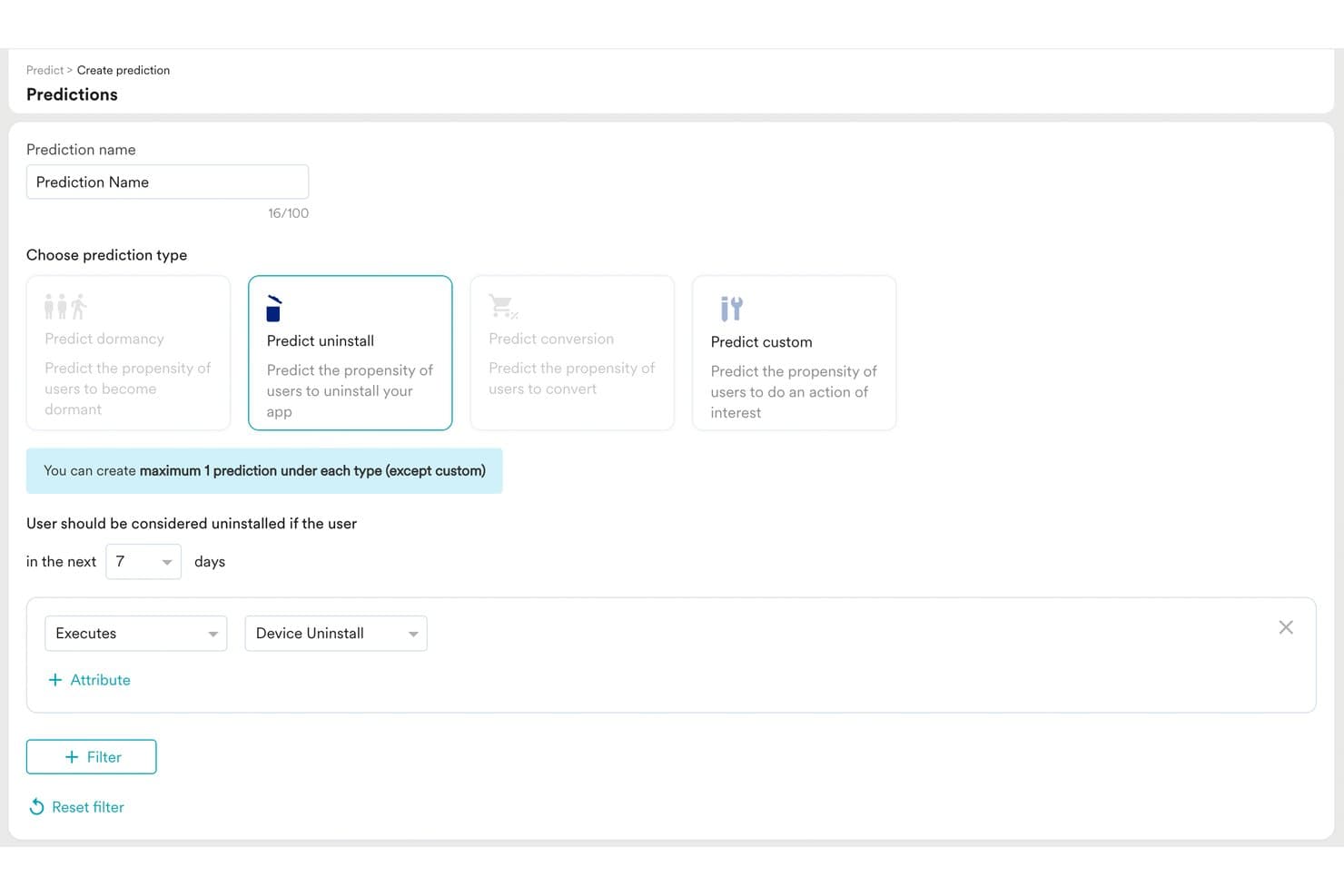 MoEngage Predictions UI for creating an uninstall prediction with filters and dropdowns.