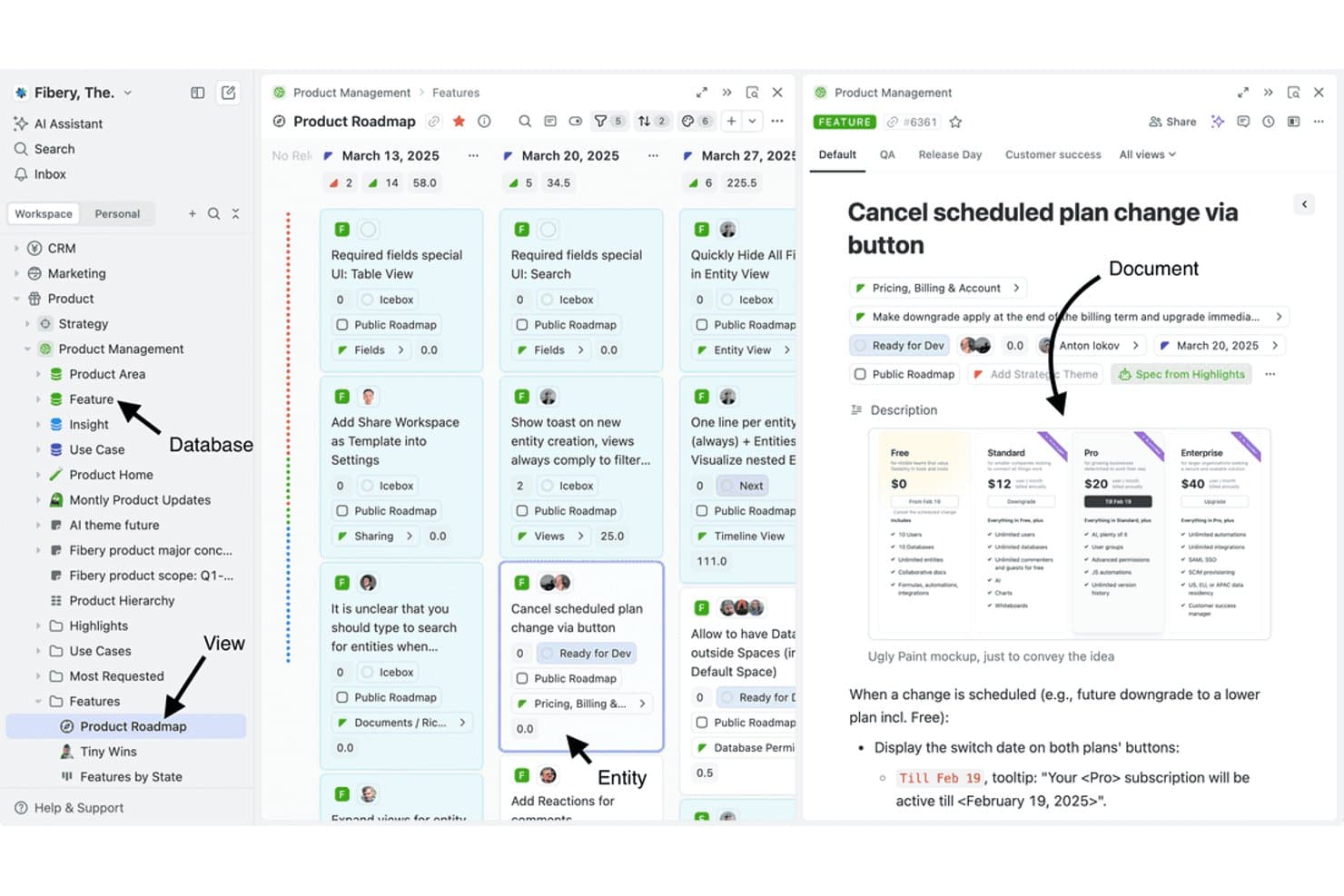 Fibery product roadmap with feature detail panel showing document and database views.