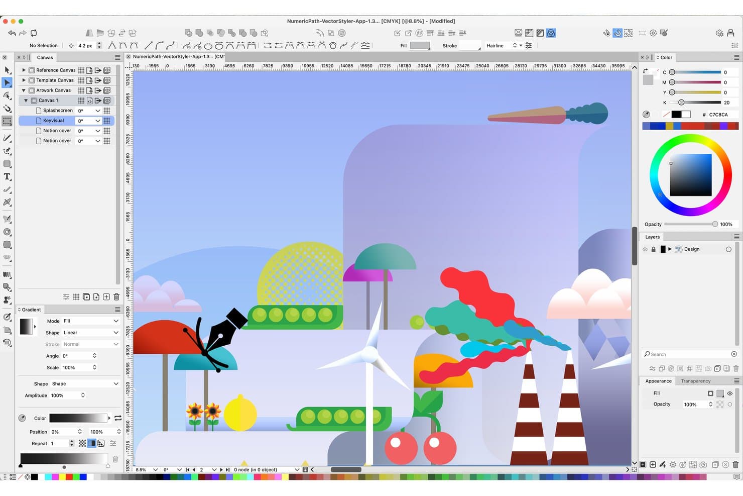 VectorStyler-grænseflade, der viser en farverig vektorillustration med lag-, gradient- og farvepaneler.