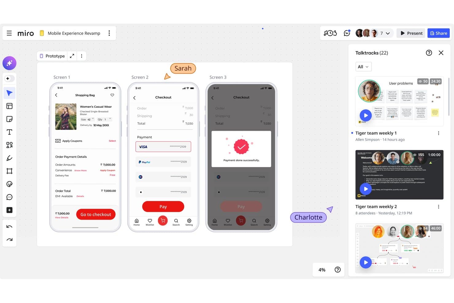 Miro-taulu, jossa näkyy kolmen näytön mobiilikassasovelluksen prototyyppi ja videotallennepaneeli.