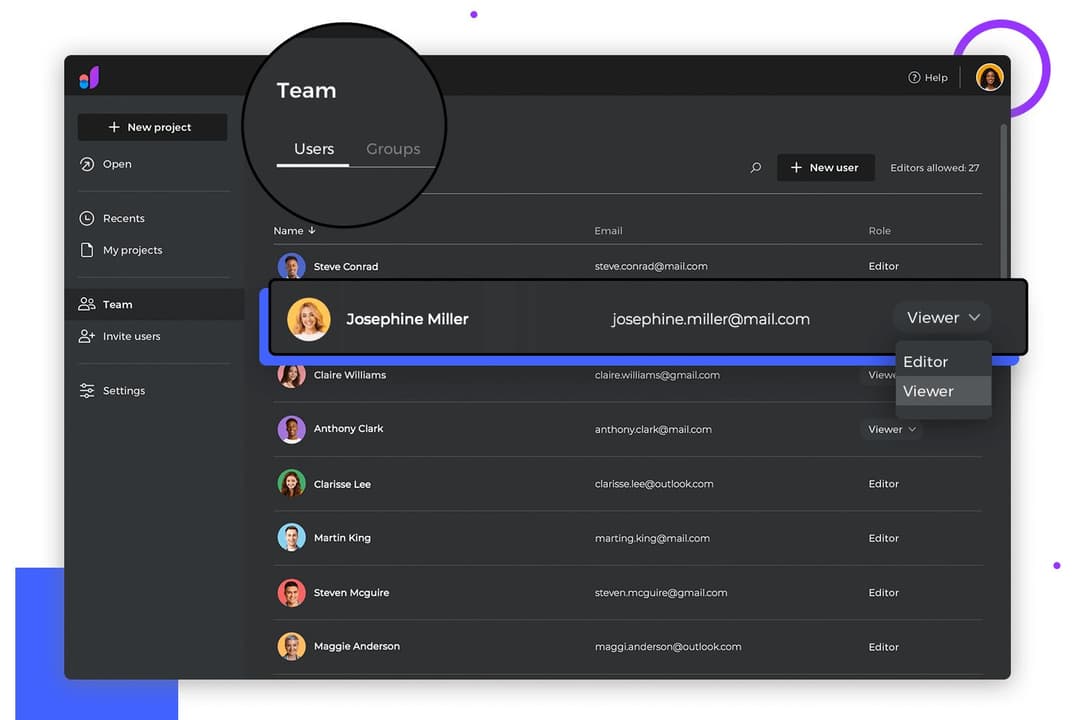Justinmind lets users manage team roles and permissions collaboratively.