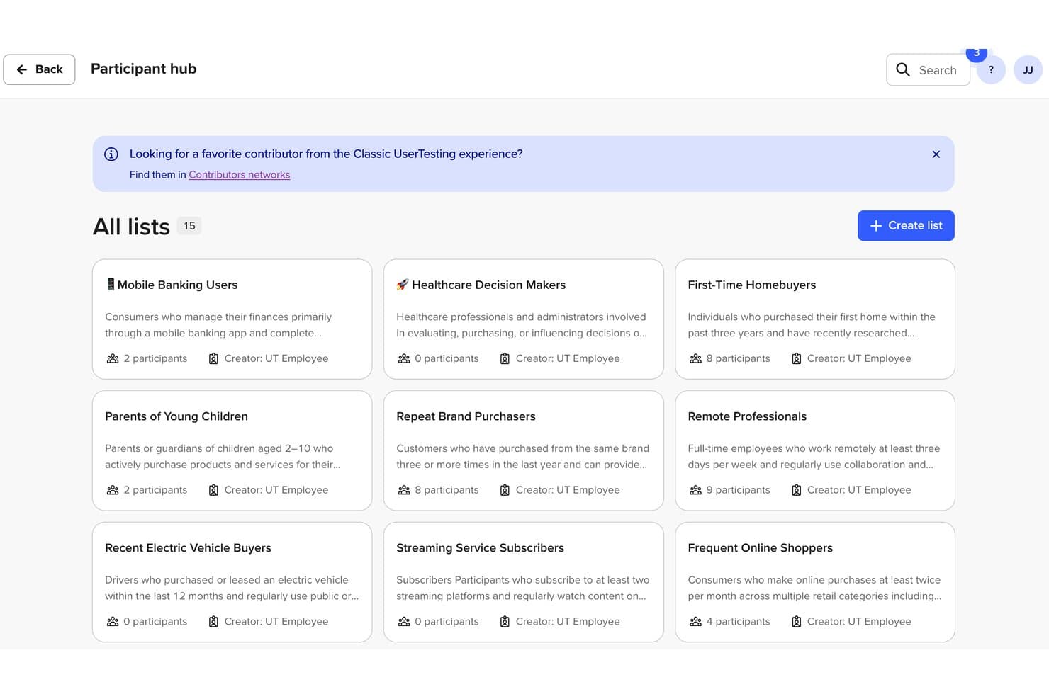 El Centro de participantes de UserTesting muestra 15 listas de participantes segmentadas con detalles de sus creadores.