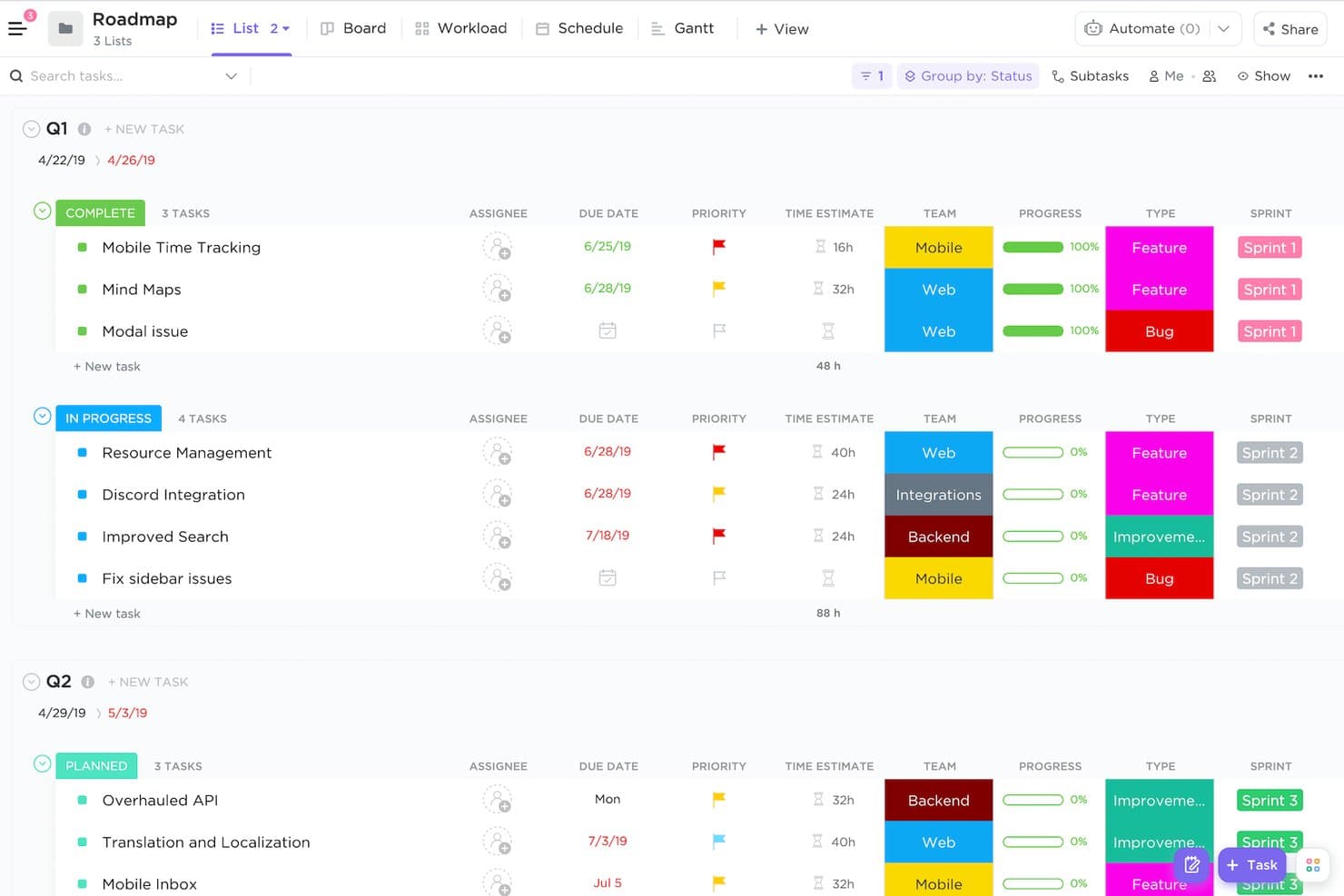Vista de lista de ClickUp que muestra una hoja de ruta de producto con tareas agrupadas por estado, equipo y sprint en el primer y segundo trimestre.