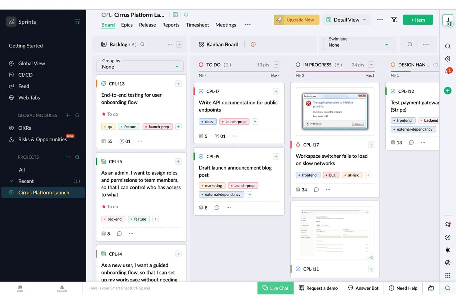 Zoho Sprintsin Kanban-taulu, jossa ovat sarakkeet Työlista, Tehtävälista, Työn alla ja Suunnittelun luovutus.